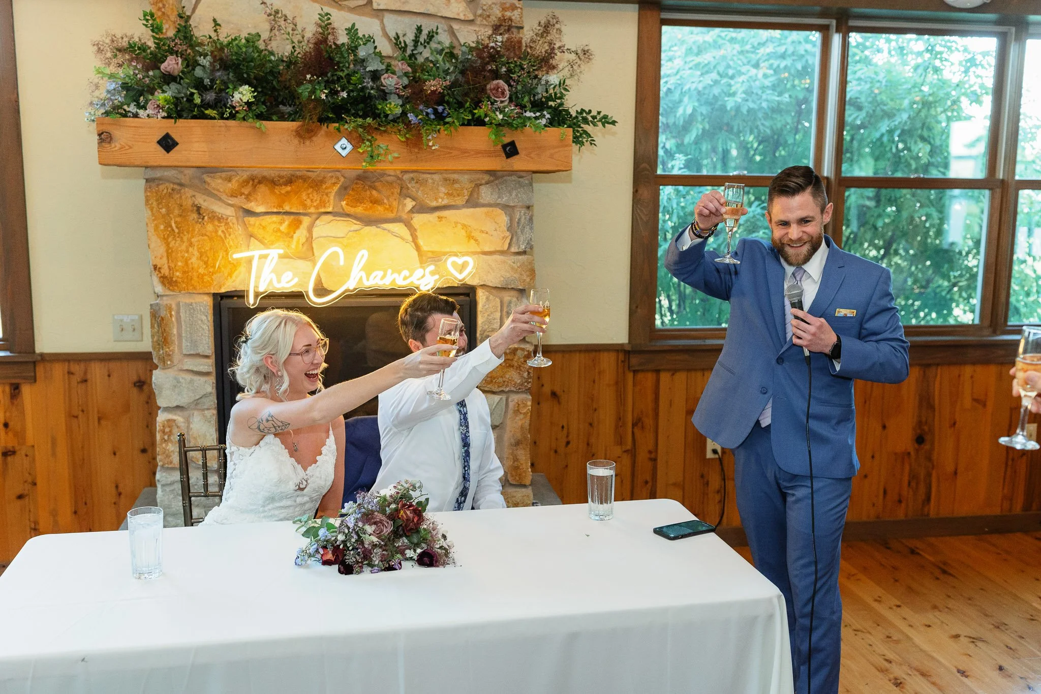 The bride and the groom reacting to a joke during the best man's toast at Drumore Estate.