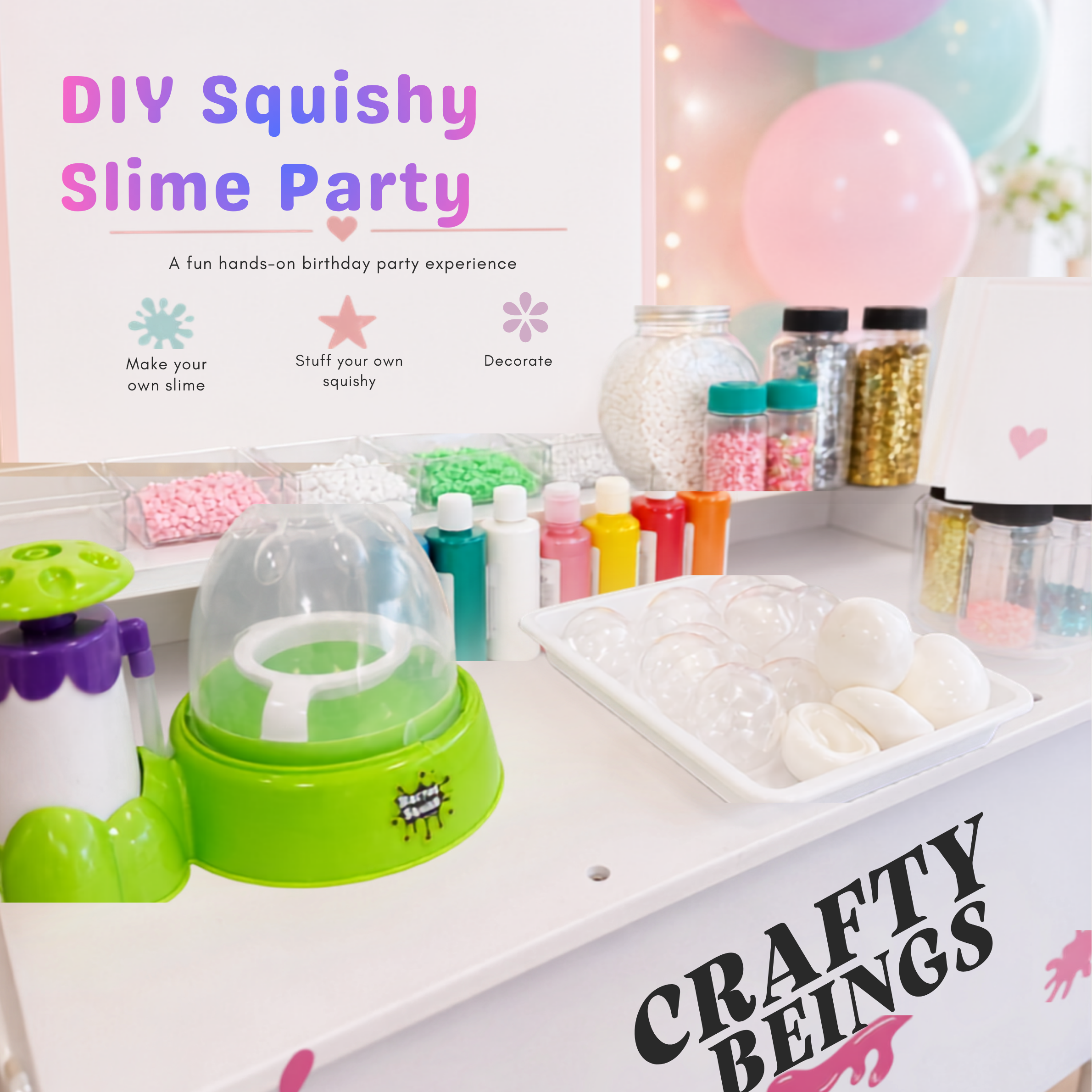 DIY Squishy and Slime birthday party station at Crafty Beings with slime supplies, squishy materials, and colorful party setup for kids.