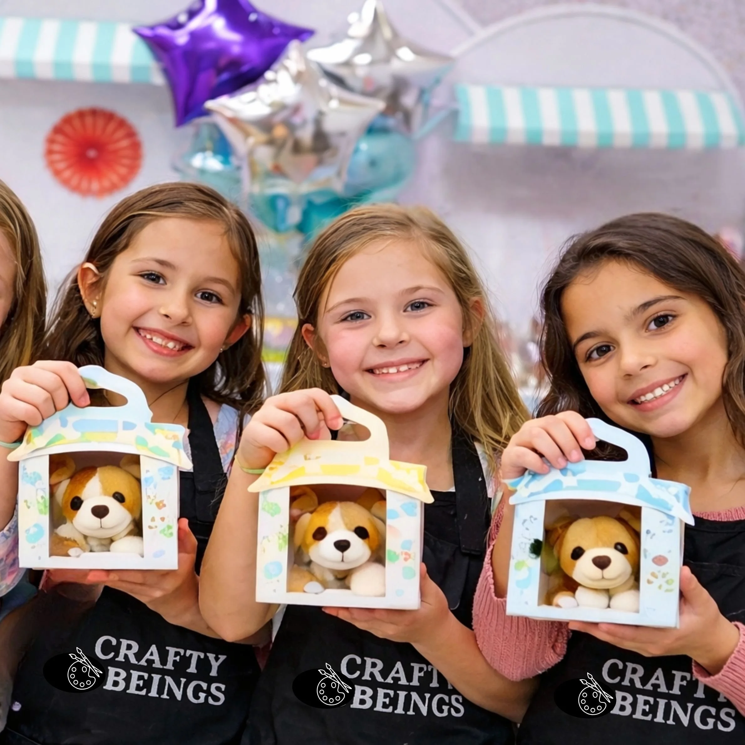 Kids choosing and adopting plush pets during a birthday party.