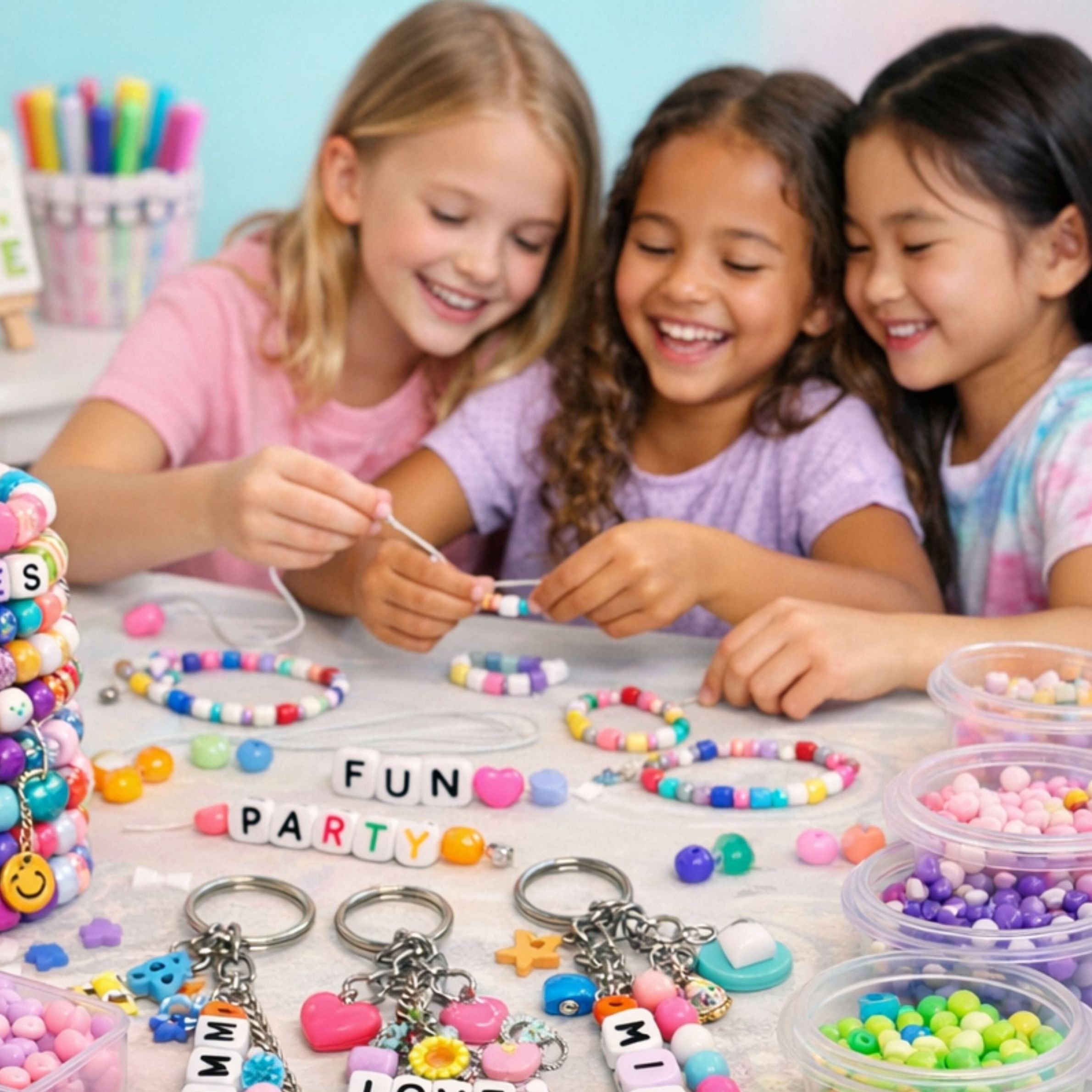 Children creating charm bracelets and jewelry during a craft birthday party.