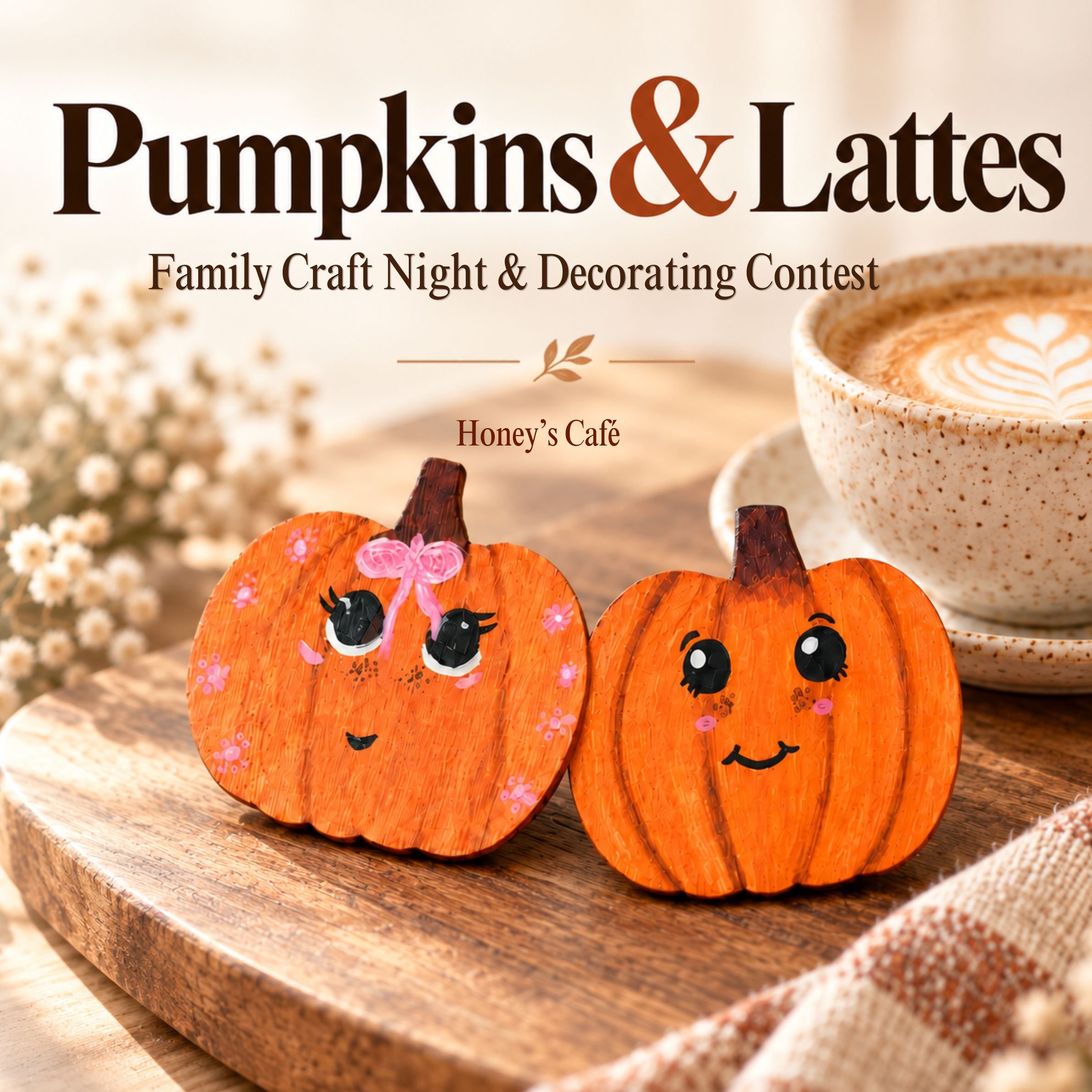 Pumpkins & Lattes flyer featuring two painted pumpkin magnets beside a latte, advertising a family craft night at Honey’s Café on October 23 at 6 PM.