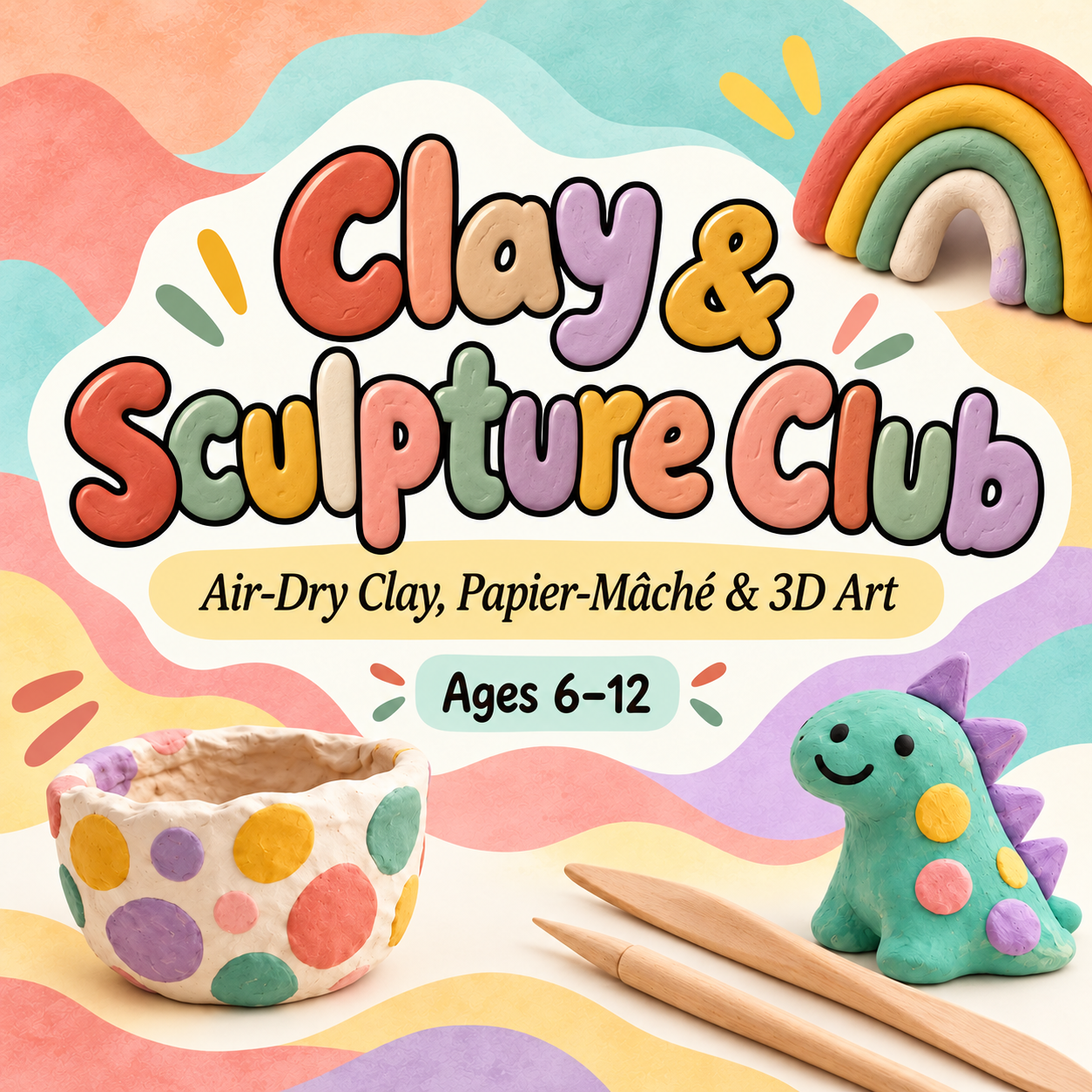Clay & Sculpture Club for ages 6–12 featuring air-dry clay, papier-mâché and 3D art at Crafty Beings in Seekonk, MA.