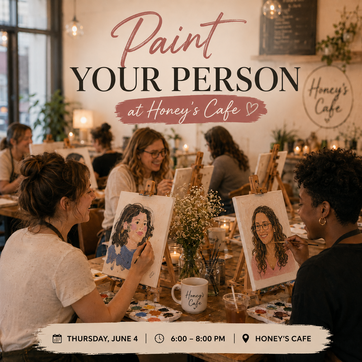 Guests enjoying a guided Paint Your Person painting experience at Honey’s Cafe in Riverside, Rhode Island, during a cozy creative night hosted by Crafty Beings DIY Studio.