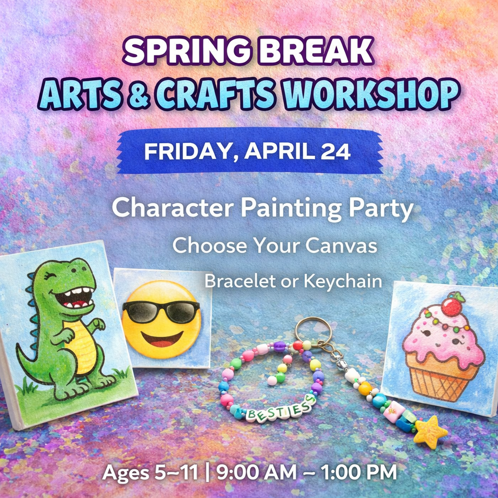 Spring Break Arts and Crafts Workshop Character Painting Party for kids featuring character canvas painting and bracelet or keychain craft at Crafty Beings