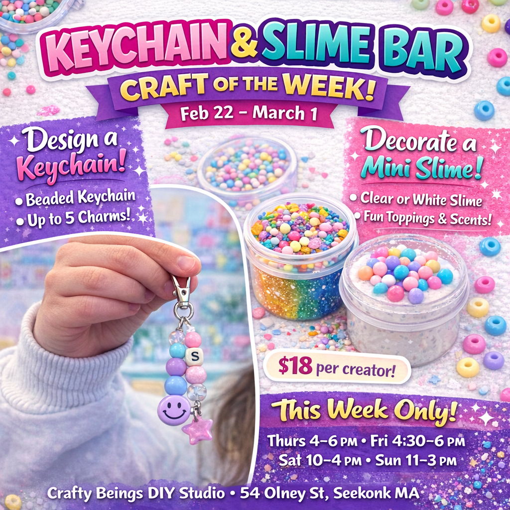 Kids designing a beaded keychain and decorating mini slime at Crafty Beings DIY Studio in Seekonk, MA
