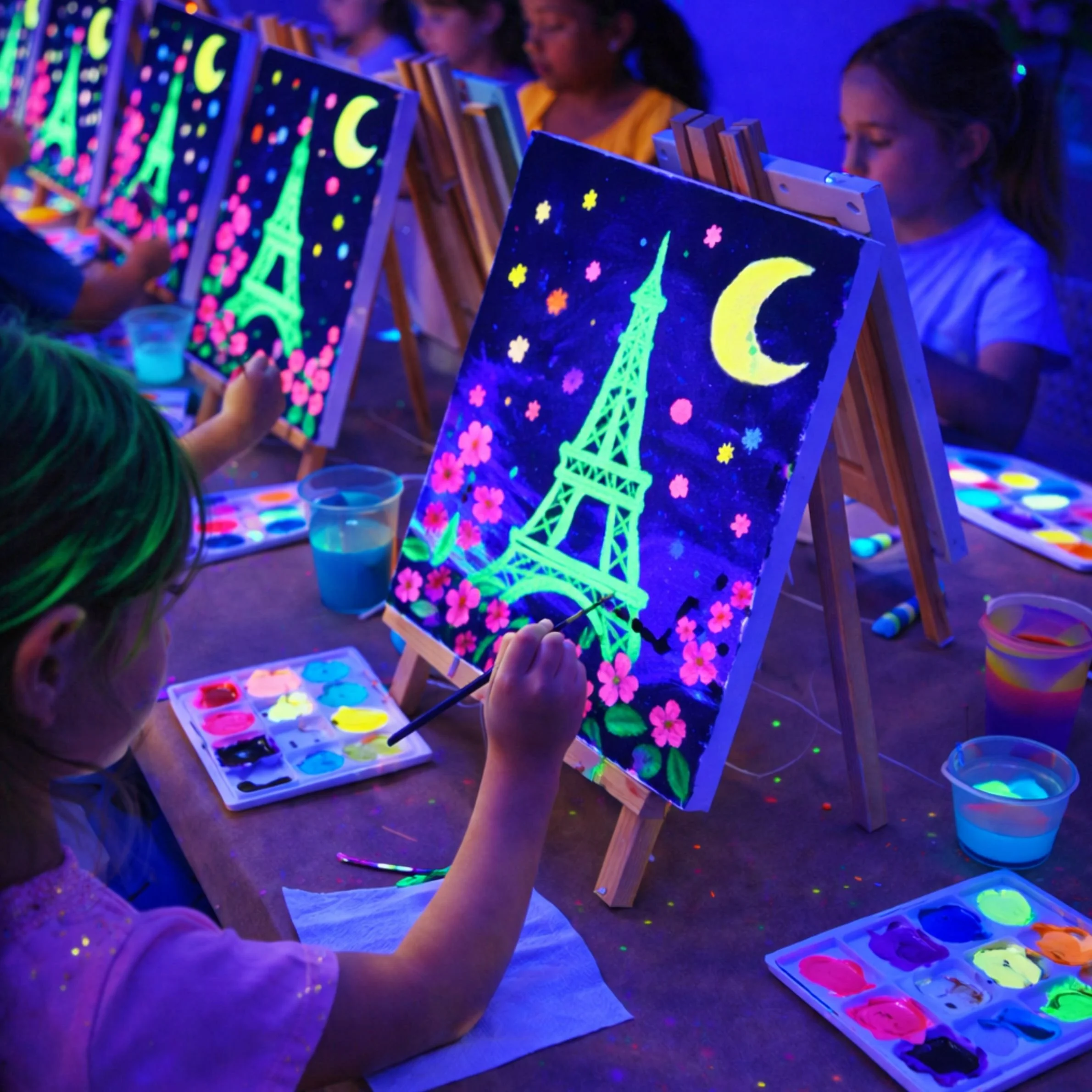 Kids painting glowing artwork under black lights during a glow-in-the-dark birthday party at Crafty Beings DIY studio.