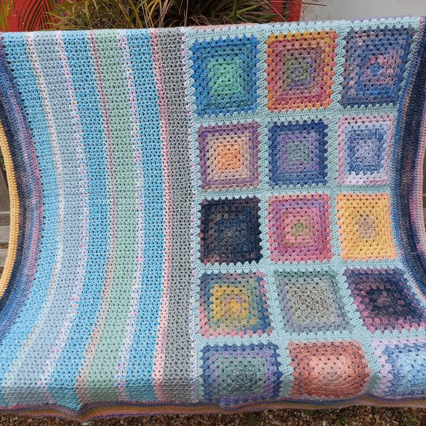 We're intrigued by this interesting crocheted blanket, definitely a story of two halves. It's been sent to us anonymously and is our Crochet of the Day!

Thank you to all of the Crocheters and Knitters who send us their carefully created donations!


