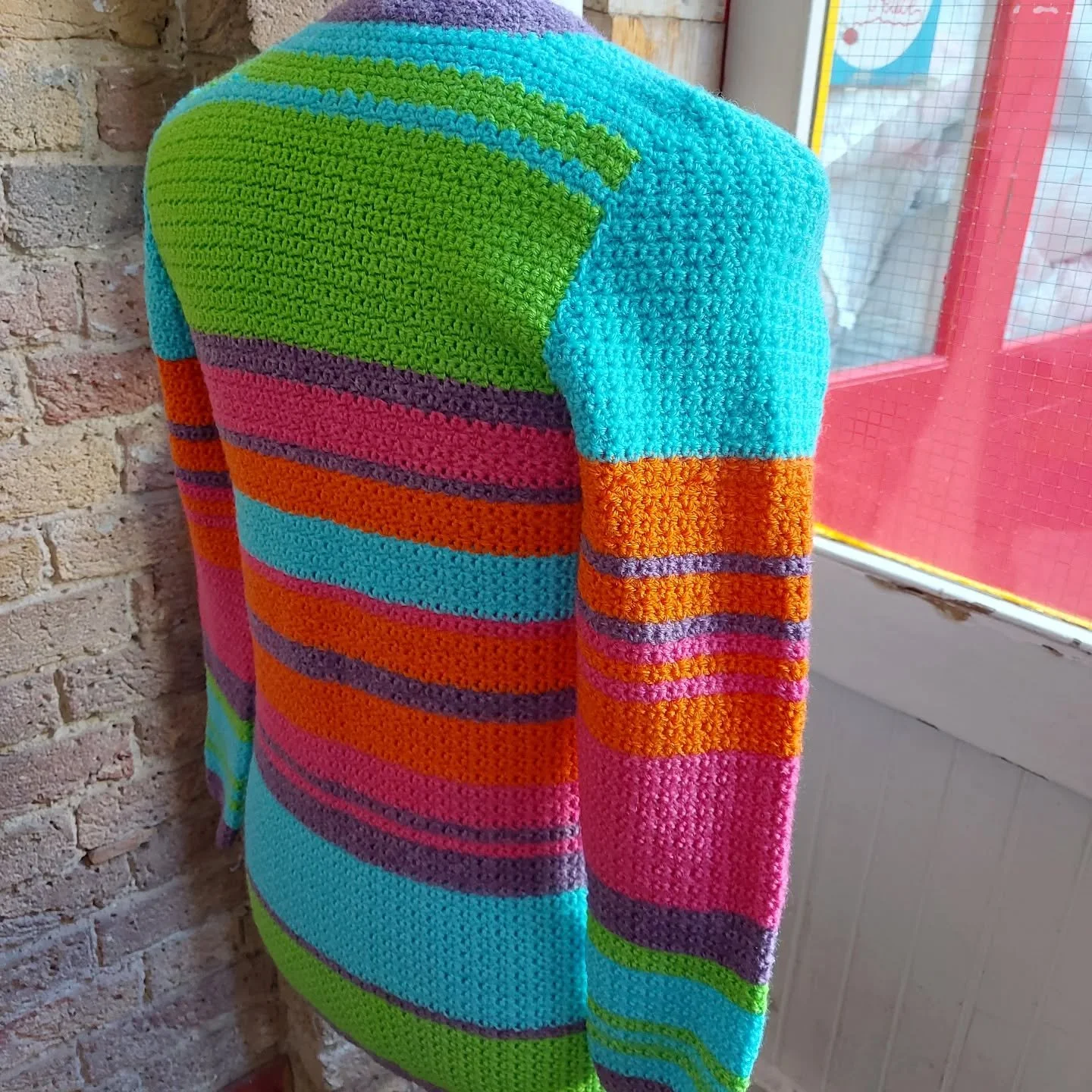 Amy in Carlisle has sent us this lovely jumper which is very special to her.  Despite chronic illness, which severely limited how much knitting she could do each day, Amy completed this project two rows a day.  Then, after so much work, and despite h