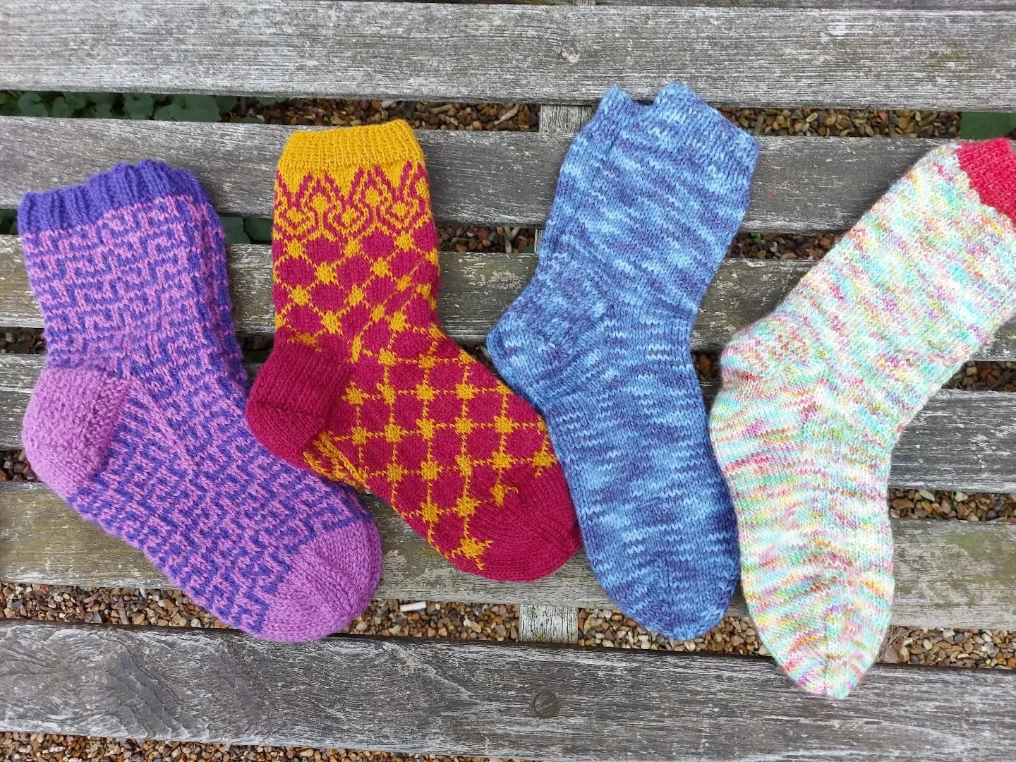 Eli in Wallasey has sent us these very jazzy socks. We really like the clever colourwork designs and choice of colours. Cosy toes!

Thank you, Eli.  These are our Knit of the Day!

#knitoftheday #handmade #handknit #knitting #socks #handknitsocks #kn