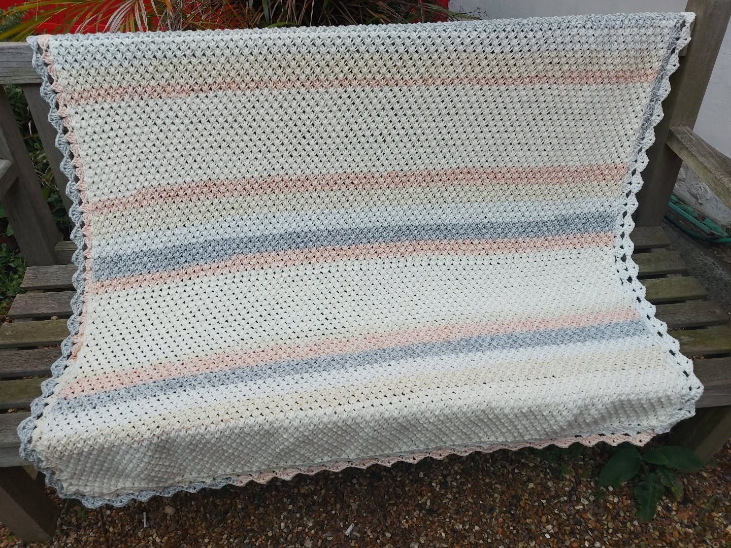 Monica sent us this cosy blanket in a lovely calming colour palette.  We can easily imagine snuggling up underneath it. In her note, she said that she had found us through ChatGPT, which makes us feel very modern and up to date! 😁.

Thank you, Monic