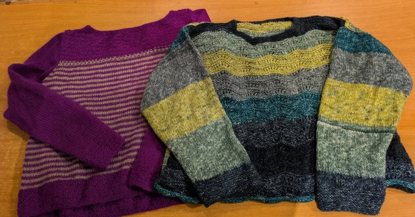 Bentham Craft Club in High Bentham has sent us these great jumpers.  We love the colour combinations and the  lacy knitting which adds textural interest .... and which must have involved lots of counting!  They are both practical and stylish. 

Thank
