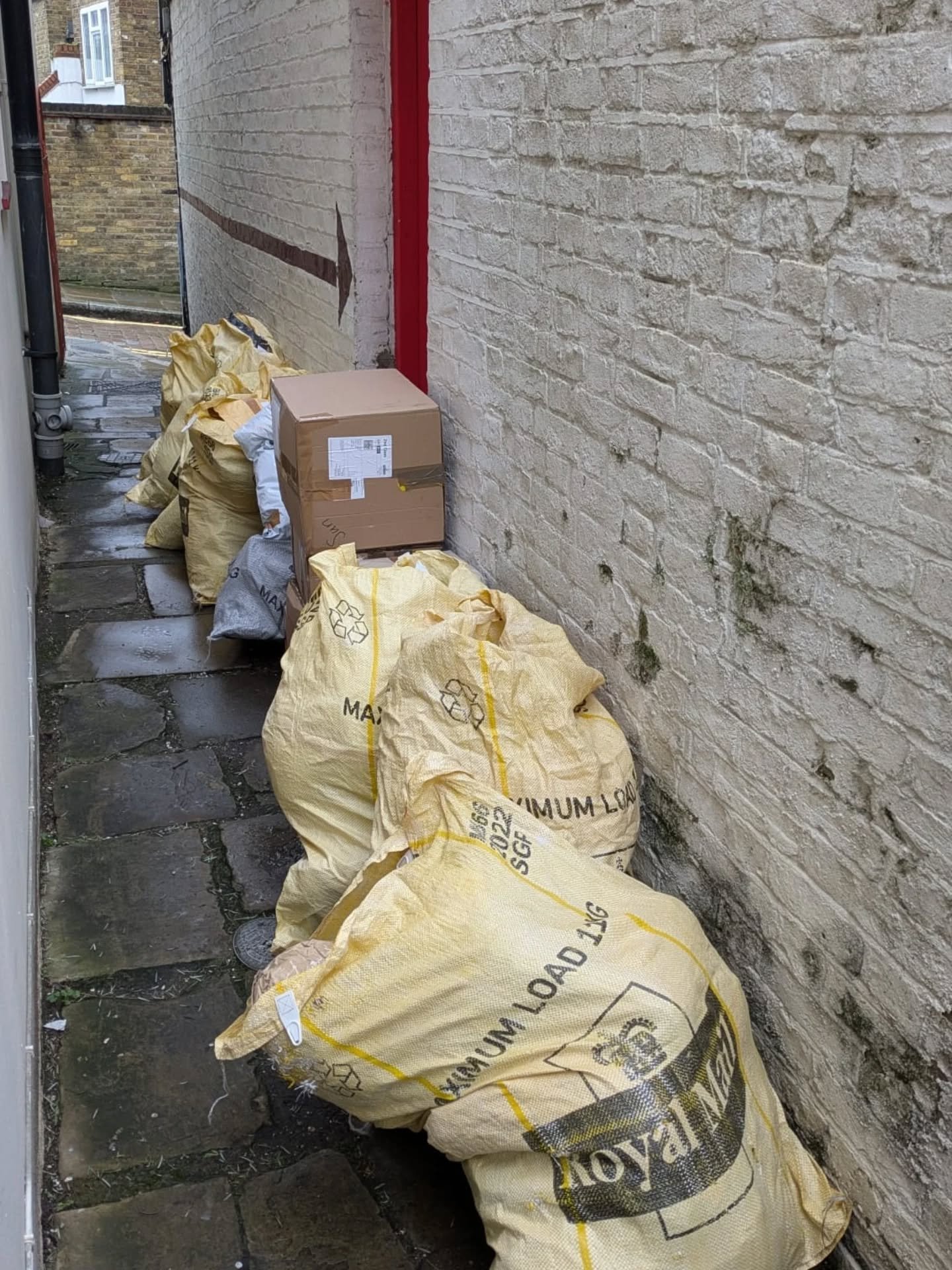 We thought last Thursday's bumper delivery was a one-off post Christmas phenomenon,  but no, it seems that Royal Mail has decided that Thursday is our one delivery day of the week!  8 sacks and 15 parcels were waiting for David in the alleyway this m