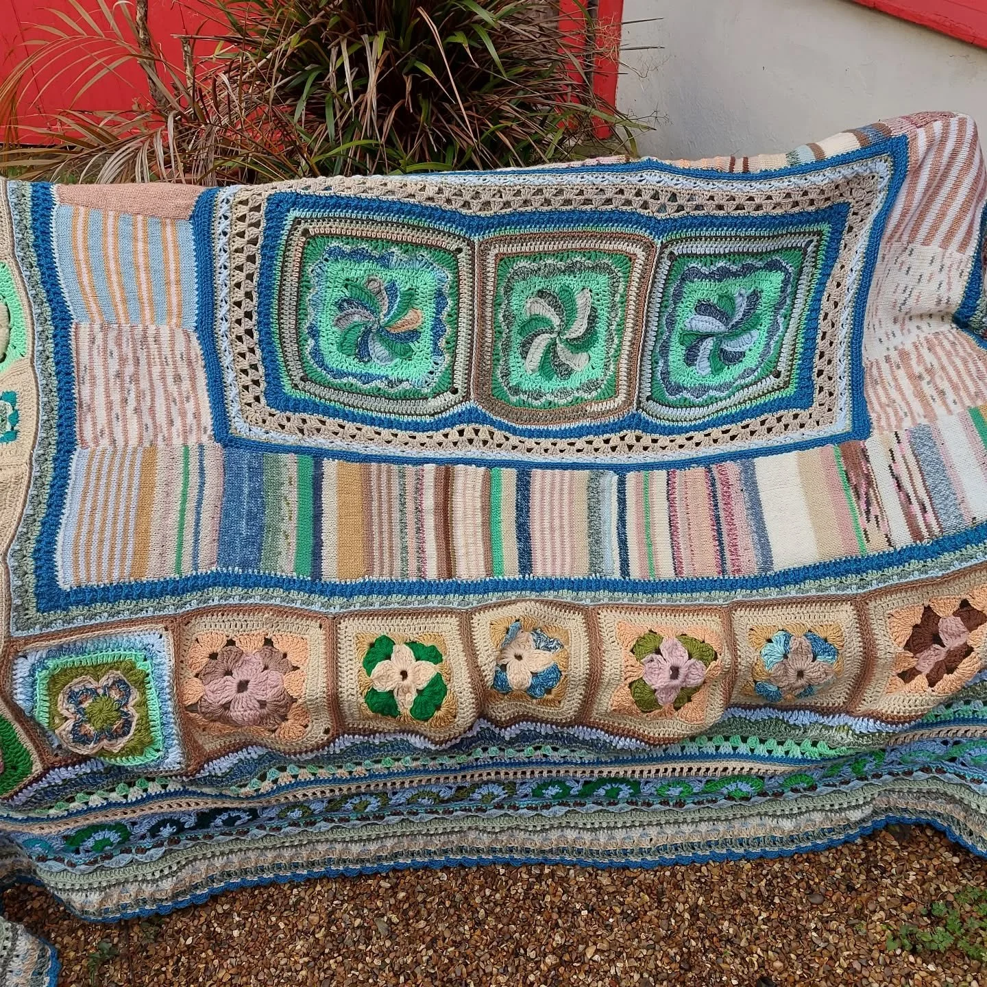 Claire in York says that she used the yarn from one of our Stashbuster boxes, and some of her own stash to make this magnificent blanket, combining both knitted and crocheted sections. We love hearing about projects made from yarn bought from us, and