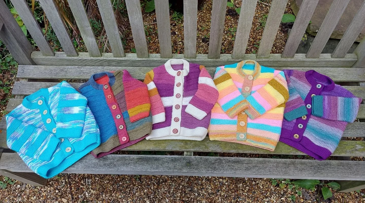 Karen in Stevenage has sent us this lovely collection of bright and cheerful cardigans. They will raise a smile wherever they go. 

Thank you, Karen. These are our Knit of the Day. 

#knitoftheday #handknitting #knittingforcharity #charity #yarnlover