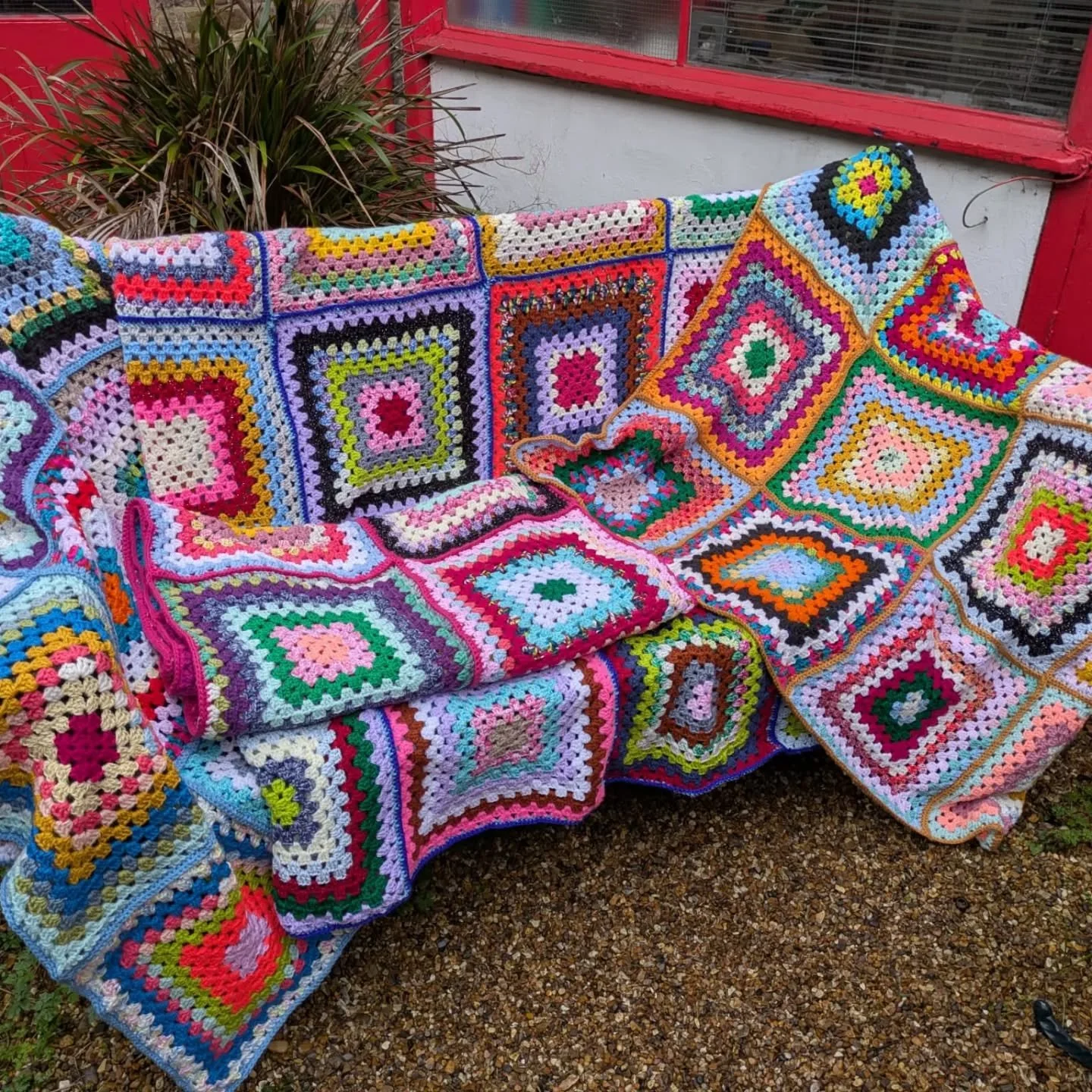 Pause for a moment to appreciate the riot of colour in these joyful blankets sent to us by Helen in Pontypool. More brilliant examples of our favourite, the granny square.  They will certainly raise a smile wherever they go. 

Thank you, Helen. These