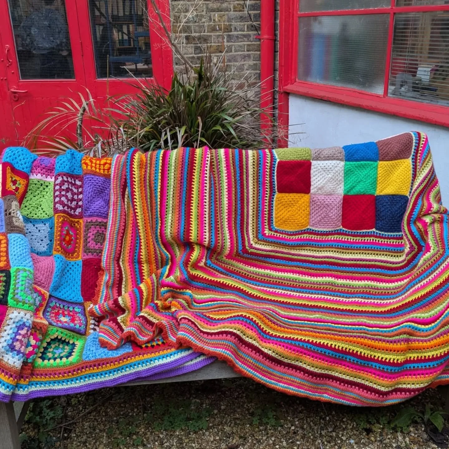 Helen in Chester loves a bright colour, we're guessing. She has sent us these amazingly big and bright crocheted blankets.  More great adaptations of the old reliable granny square!

Thank you, Helen. These are our Crochet of the Day!

#crochetofthed