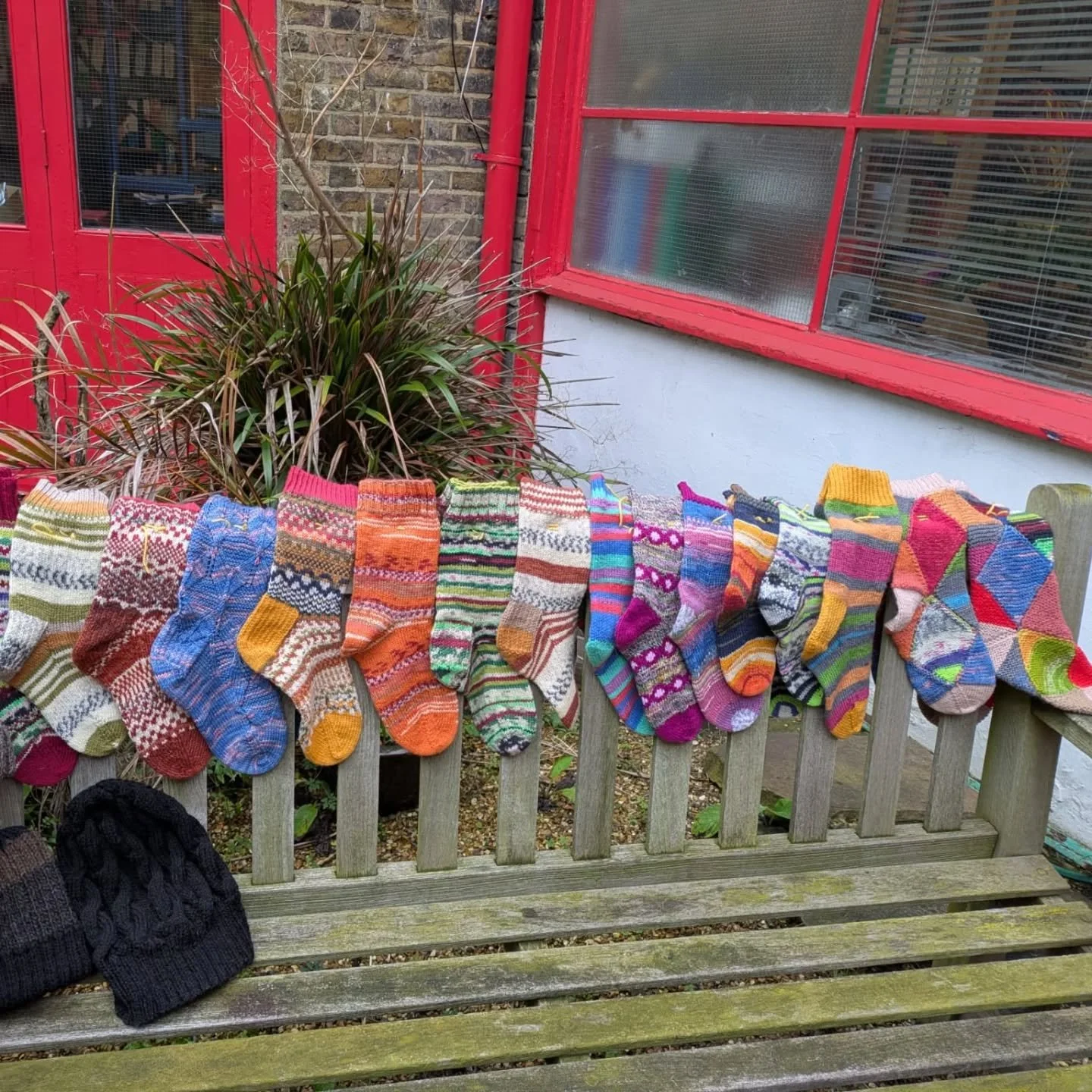 Susan in Pinner has sent us this extraordinary rainbow of socks. They are made from leftover yarn oddments, with one pair using ten colours. We love seeing what it's possible to make with small quantities in combination, while the rest of us may be m
