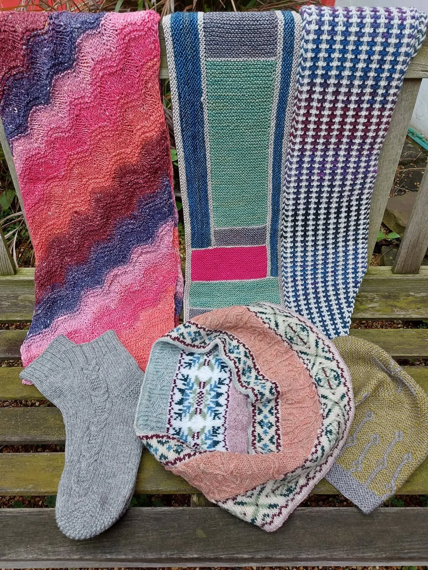 Our well-oiled machine got a little bit of grit in it, and the packing sheet detached from the knitting ...... I think Miriam in Newark sent us these beautiful scarves, hats and socks. We love all the colour and texture variations. So much skill is i