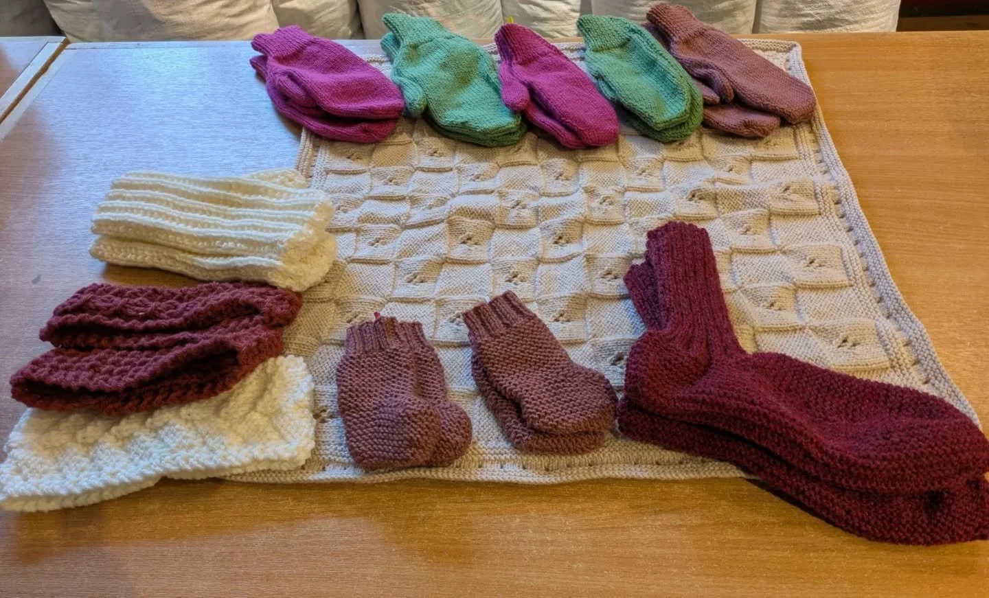 J in East Leake sent us a lovely and useful selection of yarny gifts.  Gloves and socks of all sizes are always in demand, and more recently, we've had a number of requests for baby blankets, so all of these items will be on their way to people who n