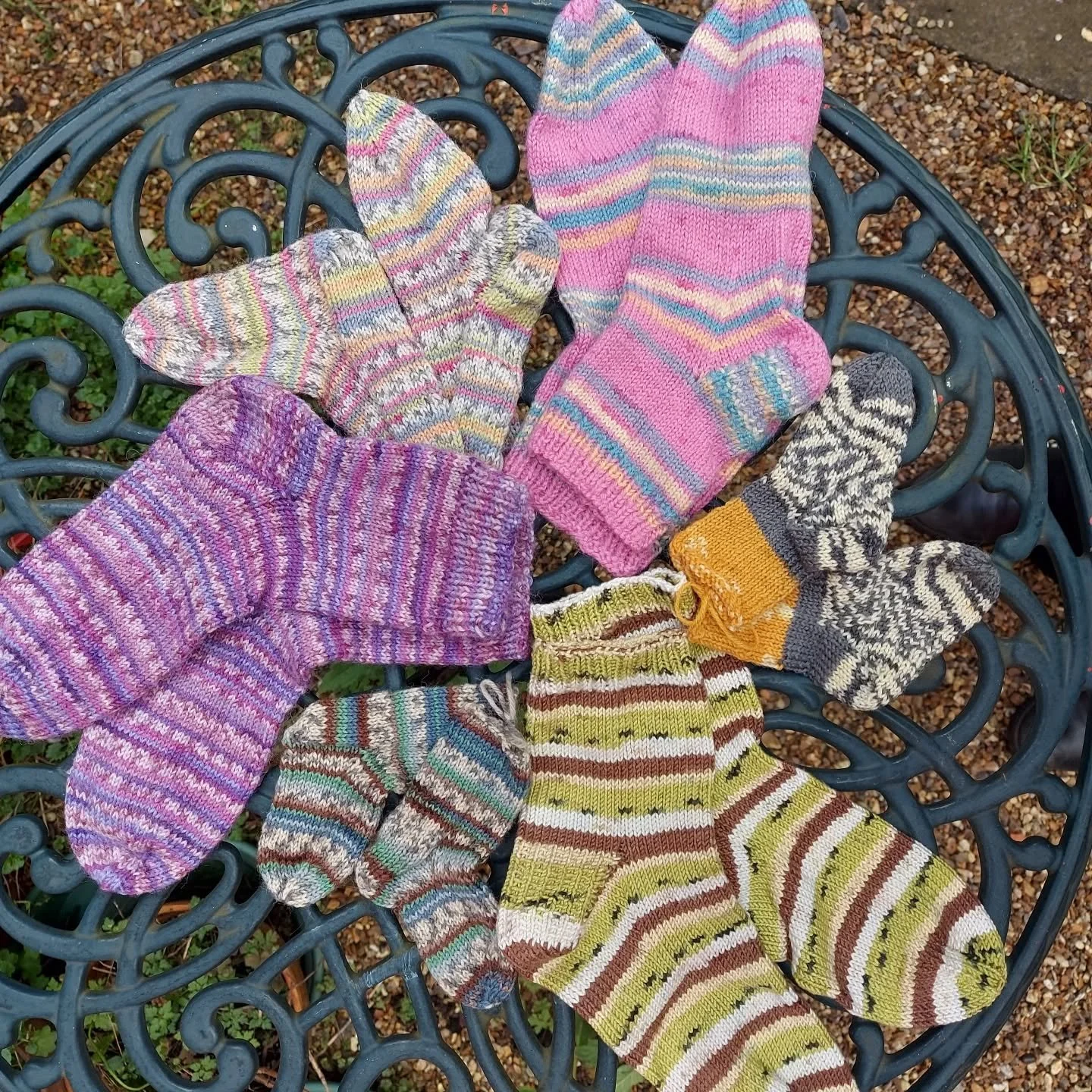 Marion in Sheffield has sent us this brilliant collection of socks. We love the colour choices, and always admire anyone who can knit socks!  Socks of all sizes are always in demand and we love being able to make as many toes cosy as possible. 

Than