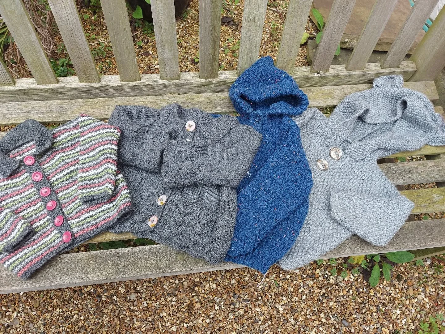 Hoodies and statement buttons!  Both style design choices are right up our street.  These delightful cardigans have been sent to us by Ruth.

Thank you, Ruth. These are our Knit of the Day!

#knitoftheday #handknitting #knittingforothers #charity #ya