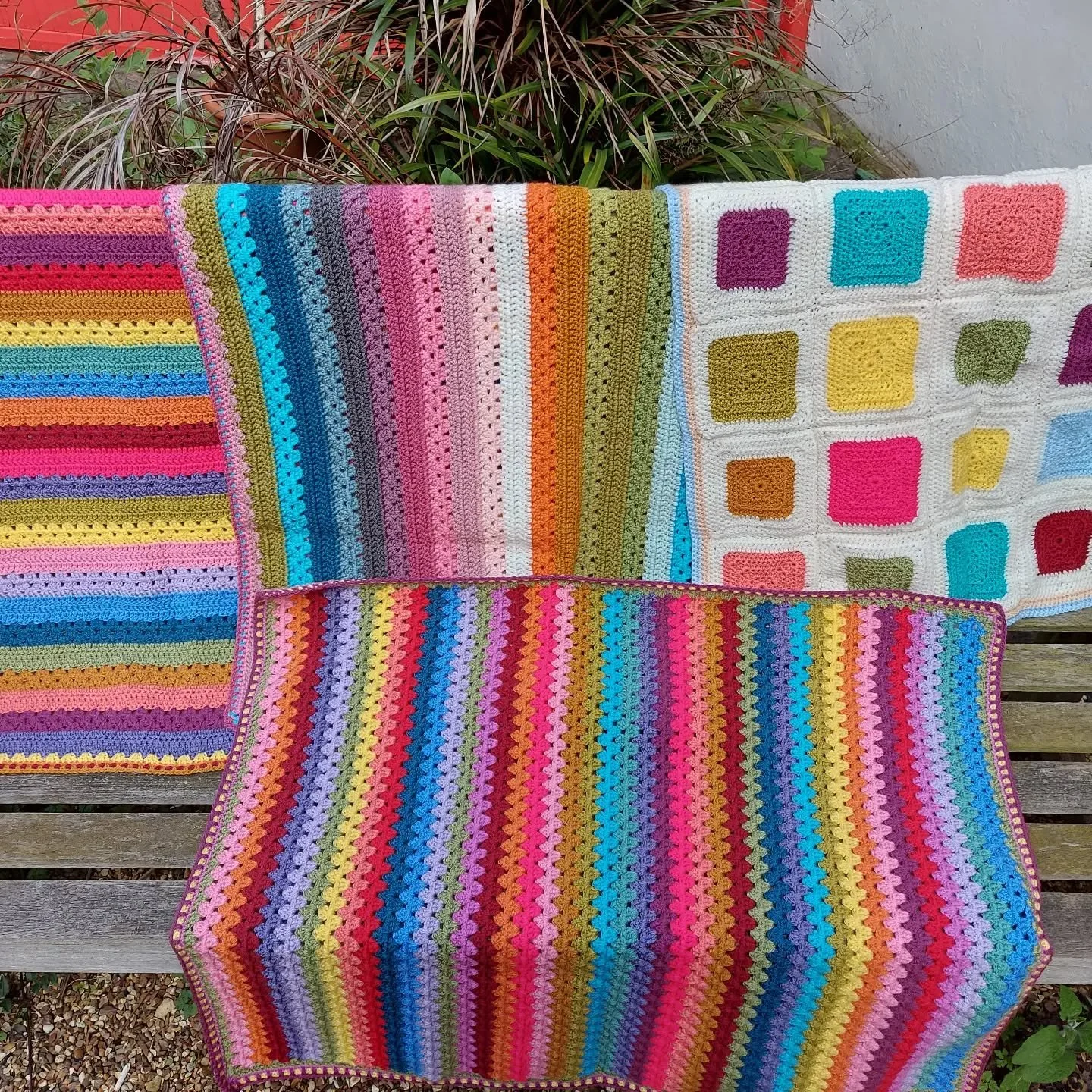 Clare in Chipping Campden has sent us this joyful collection of crocheted blankets.  They raised a smile when we opened the parcel, so I'm sure they will bring some pleasure and cosiness to others who will appreciate them. 

Thank you Clare. These ar