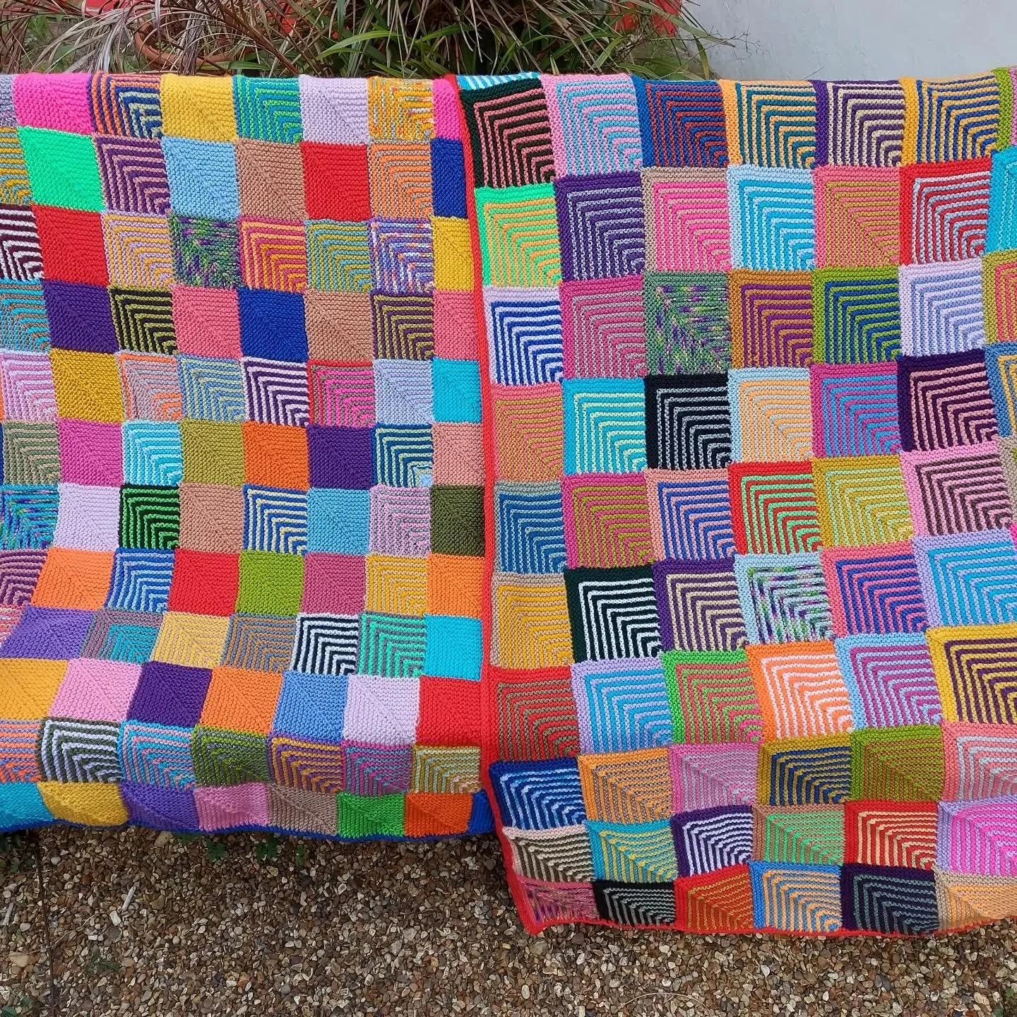 Annette in Folkestone has sent us these wonderfully colourful blankets. We do love a stripy mitred square here at KFP HQ and these look like an excellent stashbuster project with extra skill points for the neat i-cord border!They will bring a smile w