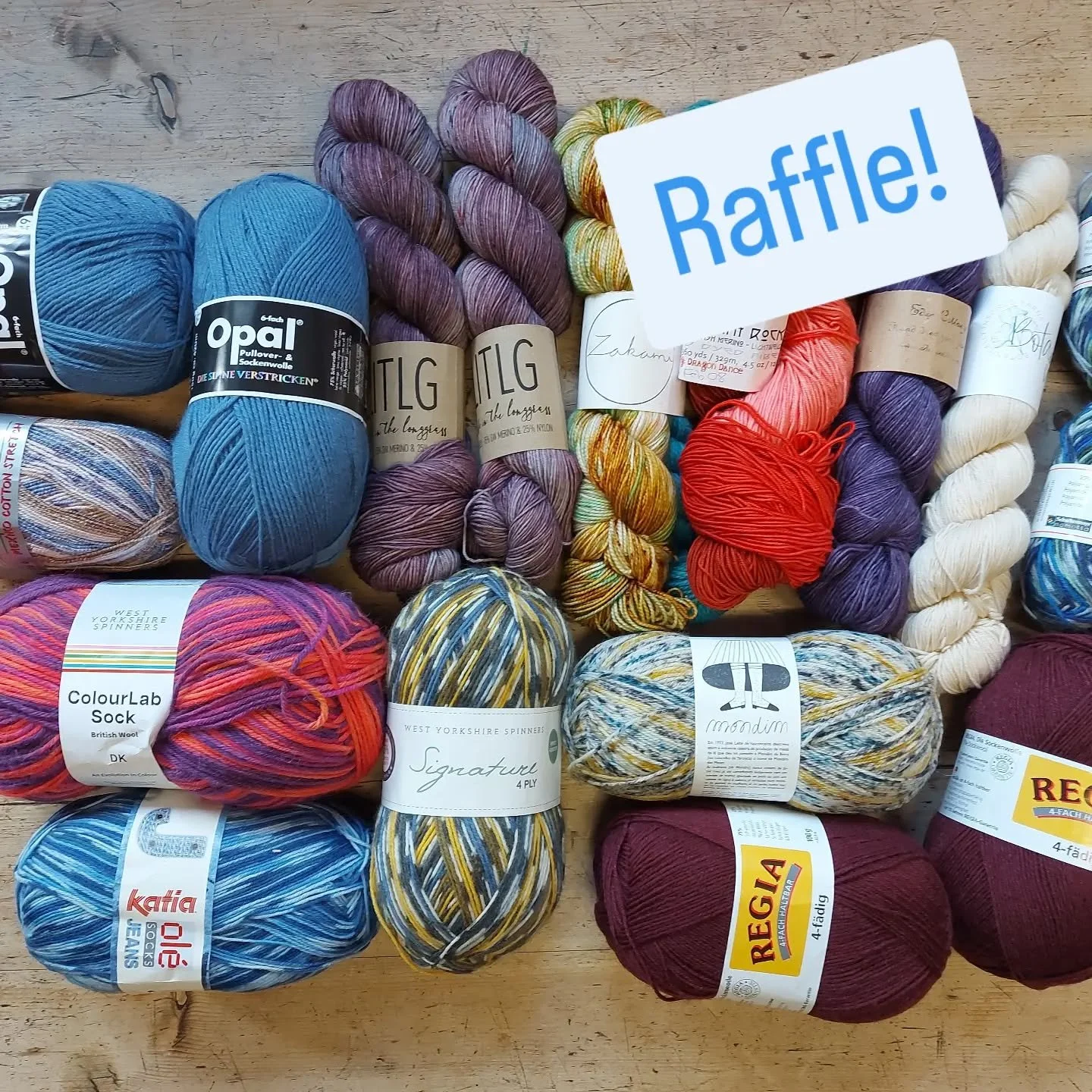 Don't forget this month's raffle, a magnificent selection of sock yarn!  But remember, you don't have to knit socks. It's great for all kinds of accessories too.

It's just &pound;10 to enter,  and please enter as many times as you would like. 

Ever