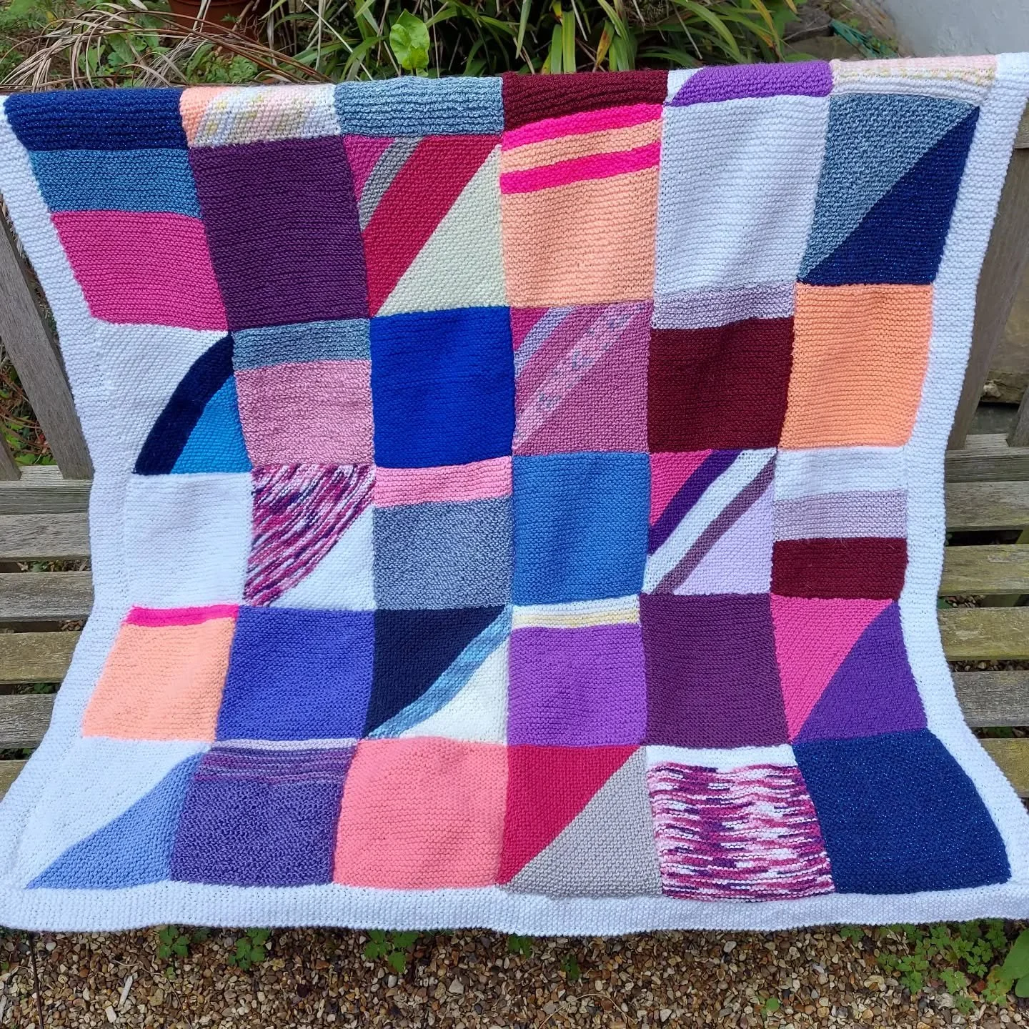 We love all the colours and the mix of straight and diagonal lines in this great blanket sent to us by Sue in Yeovil. It looks like a brilliant stashbuster project and shows that it's always worth using up all those leftover bits.

Thank you, Sue. Th