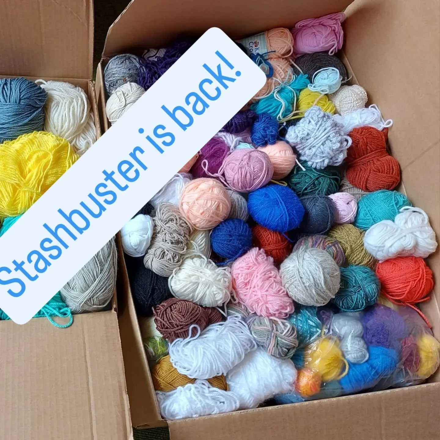 Our &pound;25 Stashbuster box is back!  There's a limited supply, so if you'd like one, do hurry.

We also have &pound;40 Stashbuster boxes available. 

Both types of box contain a wide variety of at least 7kg of yarn, most of it is probably acrylic,