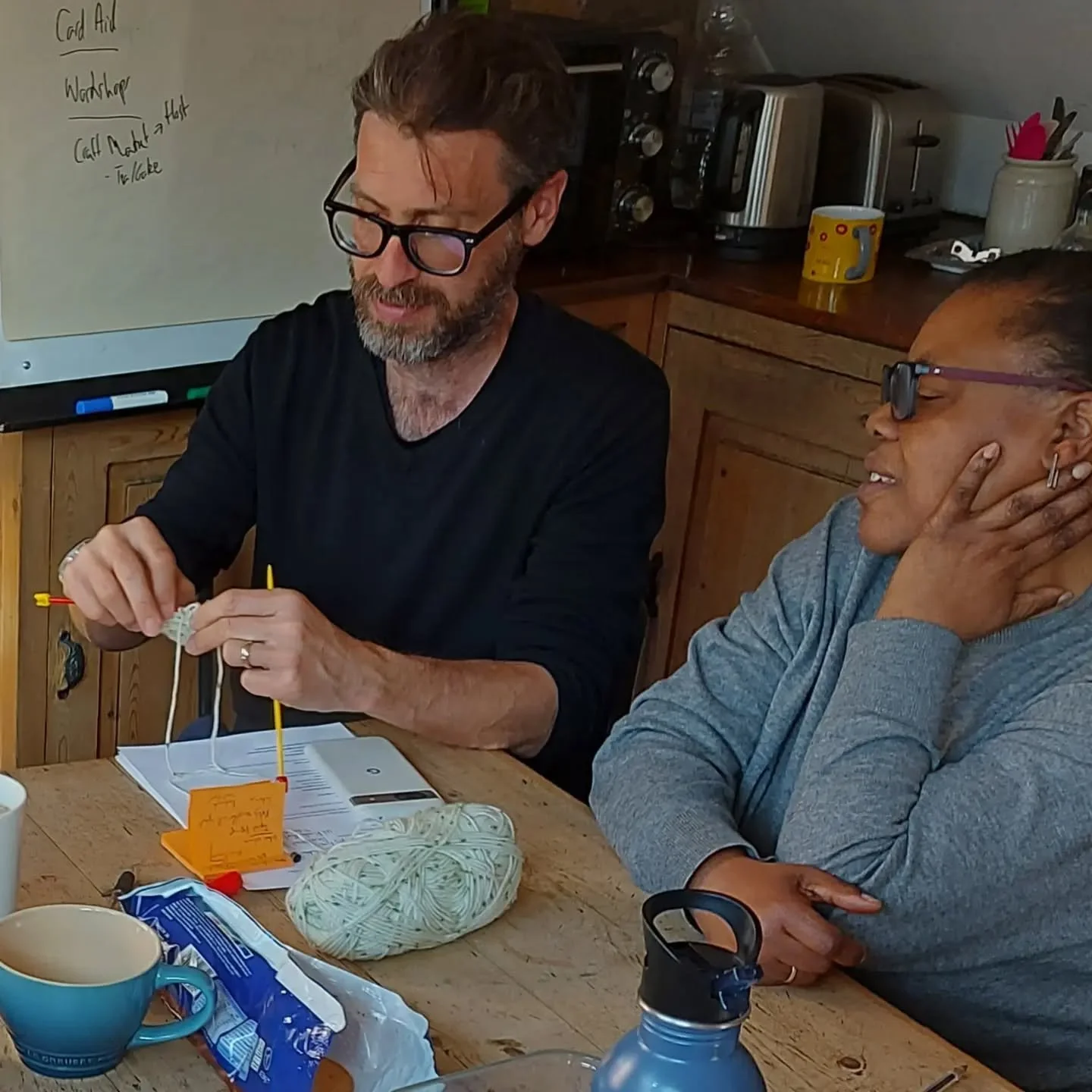 At the end of a day of meetings and planning, the non knitting members of the team had their first lesson. They were all quick learners, and we're looking forward to seeing the scarves they'll be making!  Chocolate biscuits were consumed 😉

#learnin
