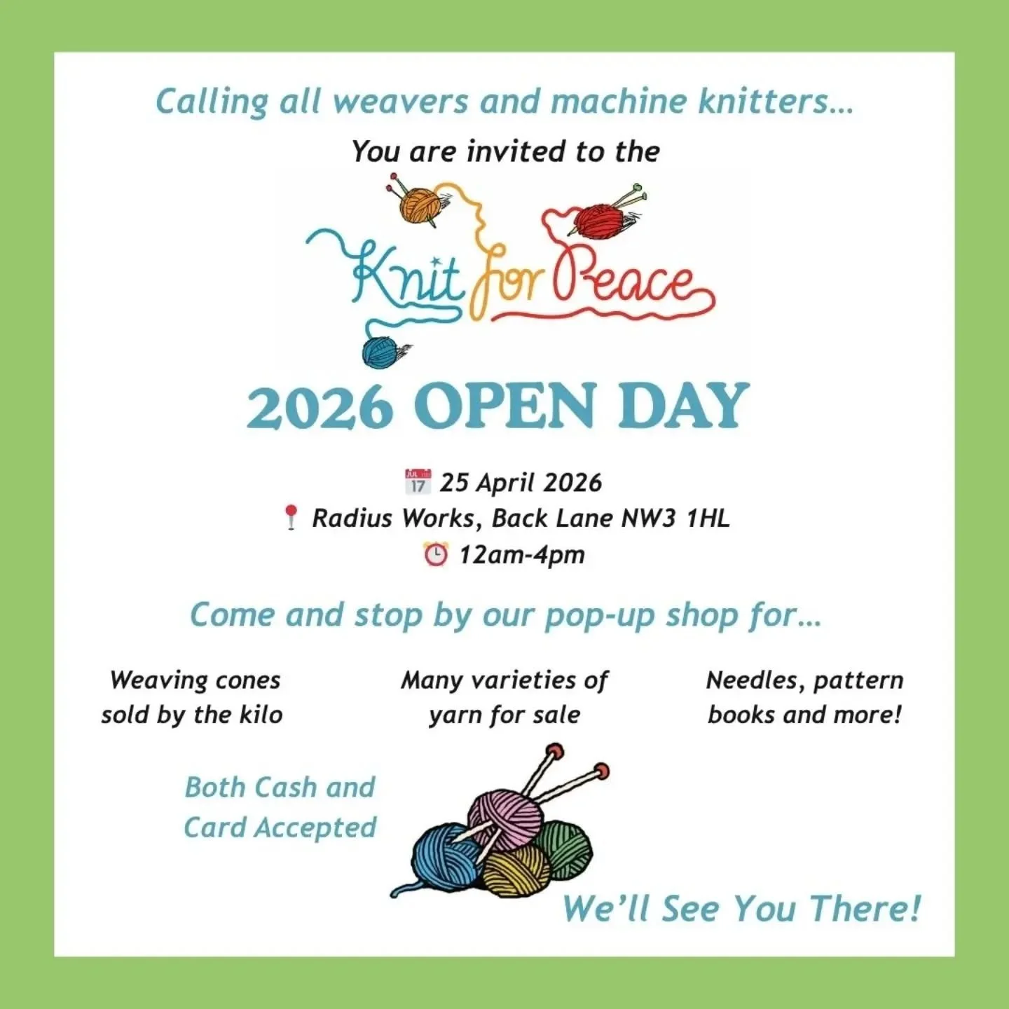 We're all looking forward to seeing you tomorrow. Pop in and browse the yarn on cones, in balls and hanks, as well as patterns, cards and needles. 

Cones will be charged at &pound;20 per kilo, so lots of bargains to be had, along with the opportunit