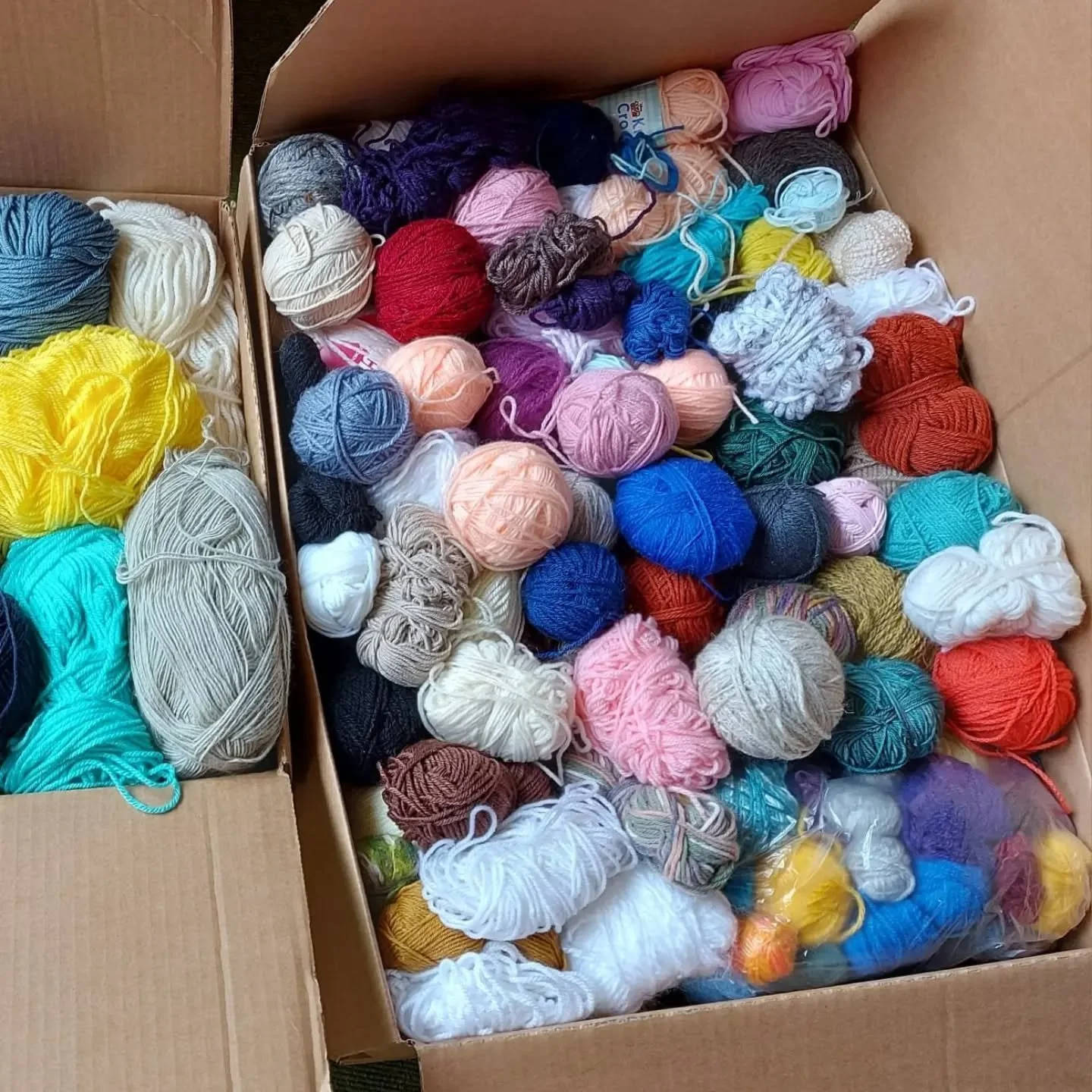 Ssshhhh!  Stashbusters are back.  There are 3 kinds:

&pound;25 box of little bits and pieces
&pound;35 box of novelty yarn
&pound;40 box of complete or near complete balls

All are at least &pound;7kg, and mostly acrylic, but with some unidentifiabl