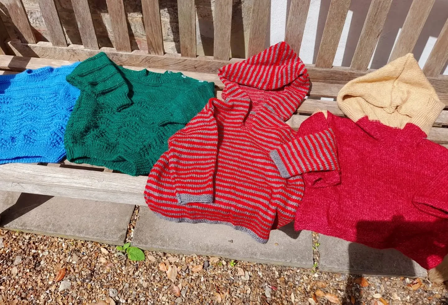 Jo in Christchurch sent us a gorgeous collection of children's jumpers. You know how much we love a hoodie, and the stripes make it even better!  Stitchpattern detail also adds a lot ofctactile interest to the jumpers.

Thank you, Jo. These are our K