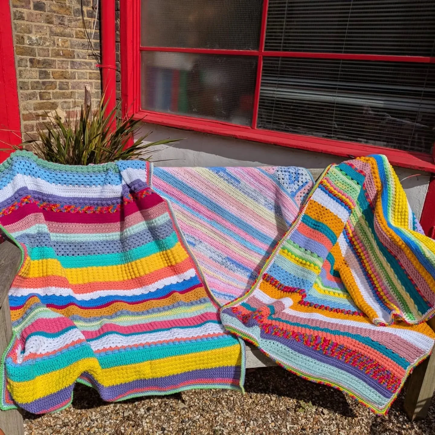 Anne in Leighton Buzzard has sent us these joyful crocheted blankets. We love the bright colours, and there are bobbles too for extra texture and fun.

Thank you, Anne.  These are our Crochet of the Day!

#crochetoftheday #crochet #handmadeblankets #