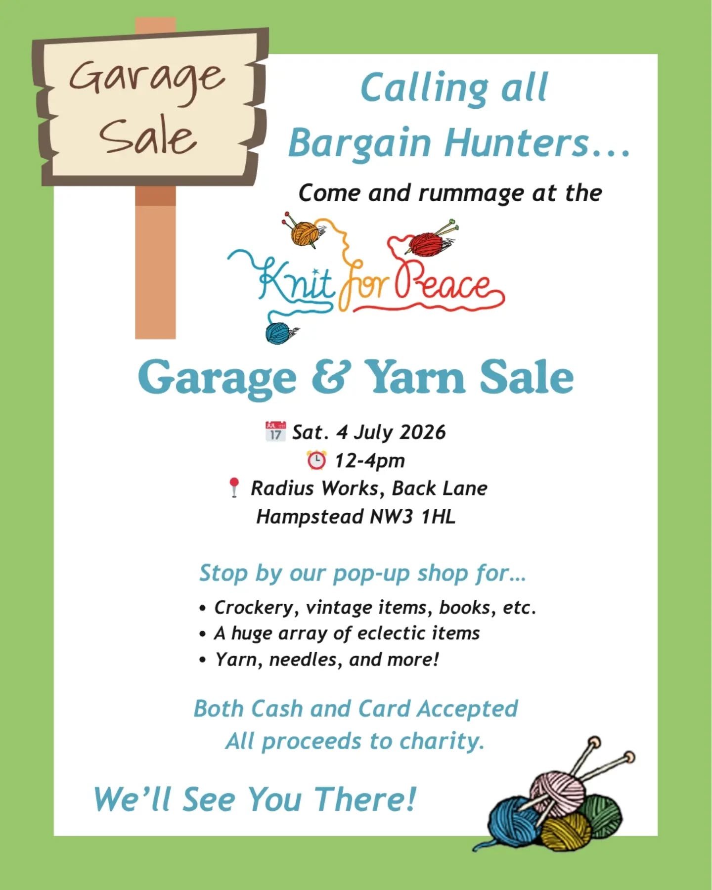 We're doing it again!  We're having another Saturday afternoon yarn sale, and this time we'll also be selling an eclectic selection of books, cards, curios, crockery and bric-a-brac. 

Come along and see us, and browse. All the proceeds go towards th