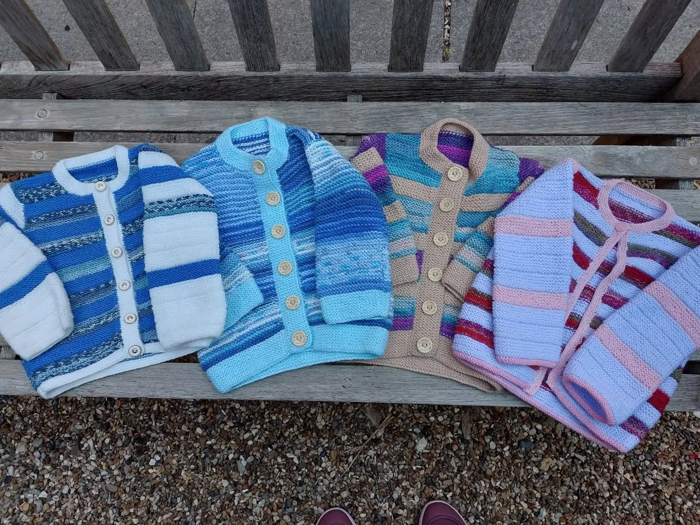 We do love a stripe here at KFP HQ. Add a bit of texture variation, and you've the perfect recipe for an interesting knit.  Karen in Stevenage sent us this lovely collection of jackets. She says they are a joint effort, as her friend Barbara gave her