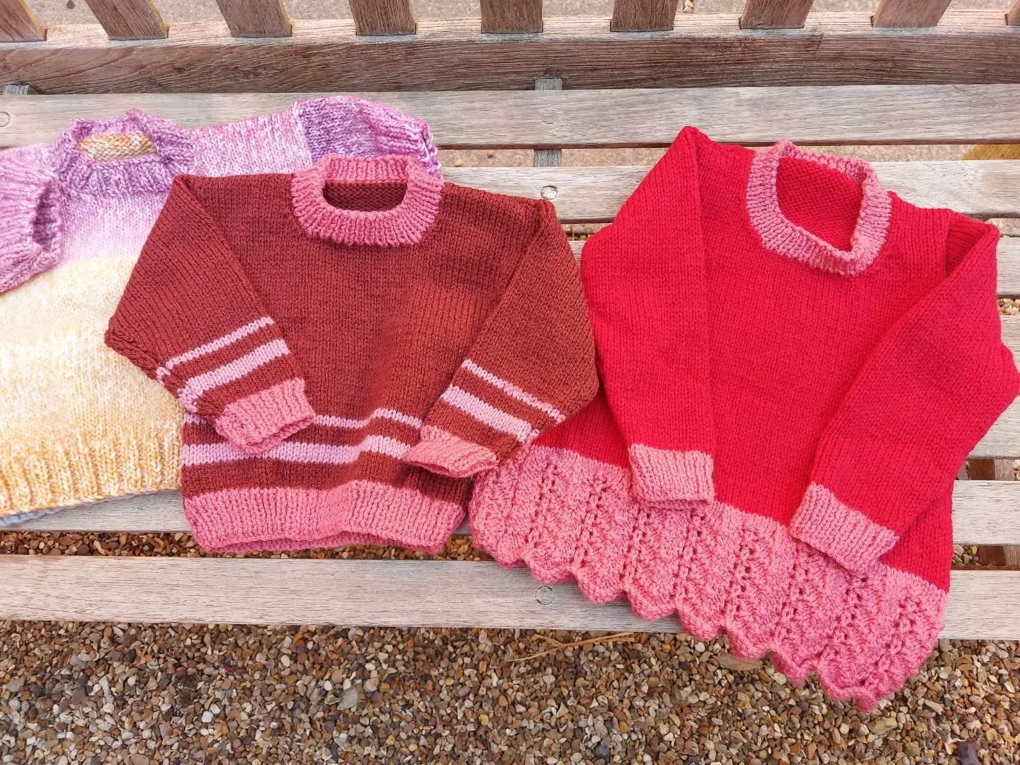 Shirley in Swaffham has sent us a delightful collection of children's jumpers. We love the colour combinations and the stitch pattern details. They will be a great addition to any wardrobe. 

Thank you, Shirley. These are our Knit of the Day. 

#knit