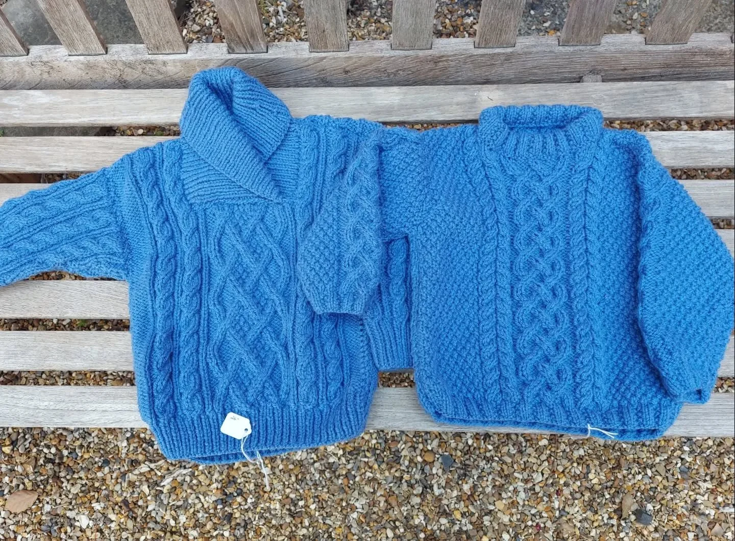 Linda in Shoebury sent us these delightful aran style jumpers. We do love cable texture, and these will be so stylish and useful when the weather turns cooler. 

Thank you, Linda. These are our Knit of the Day!

#knitoftheday #aranknit #handknitting 