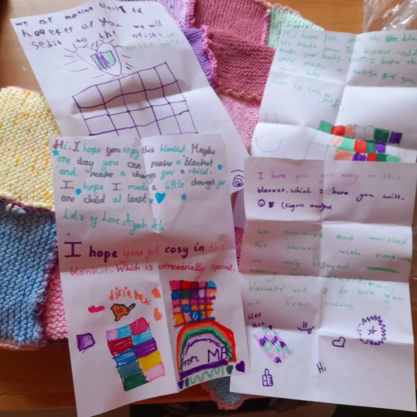 The girls at MBS sent along lovely letters with the blankets they made up from the squares we had given them. Luisa finished off all the blankets and delivered them to KFP HQ personally. 

Thank you, Luisa and your MBS girls. We love your thoughtfuln
