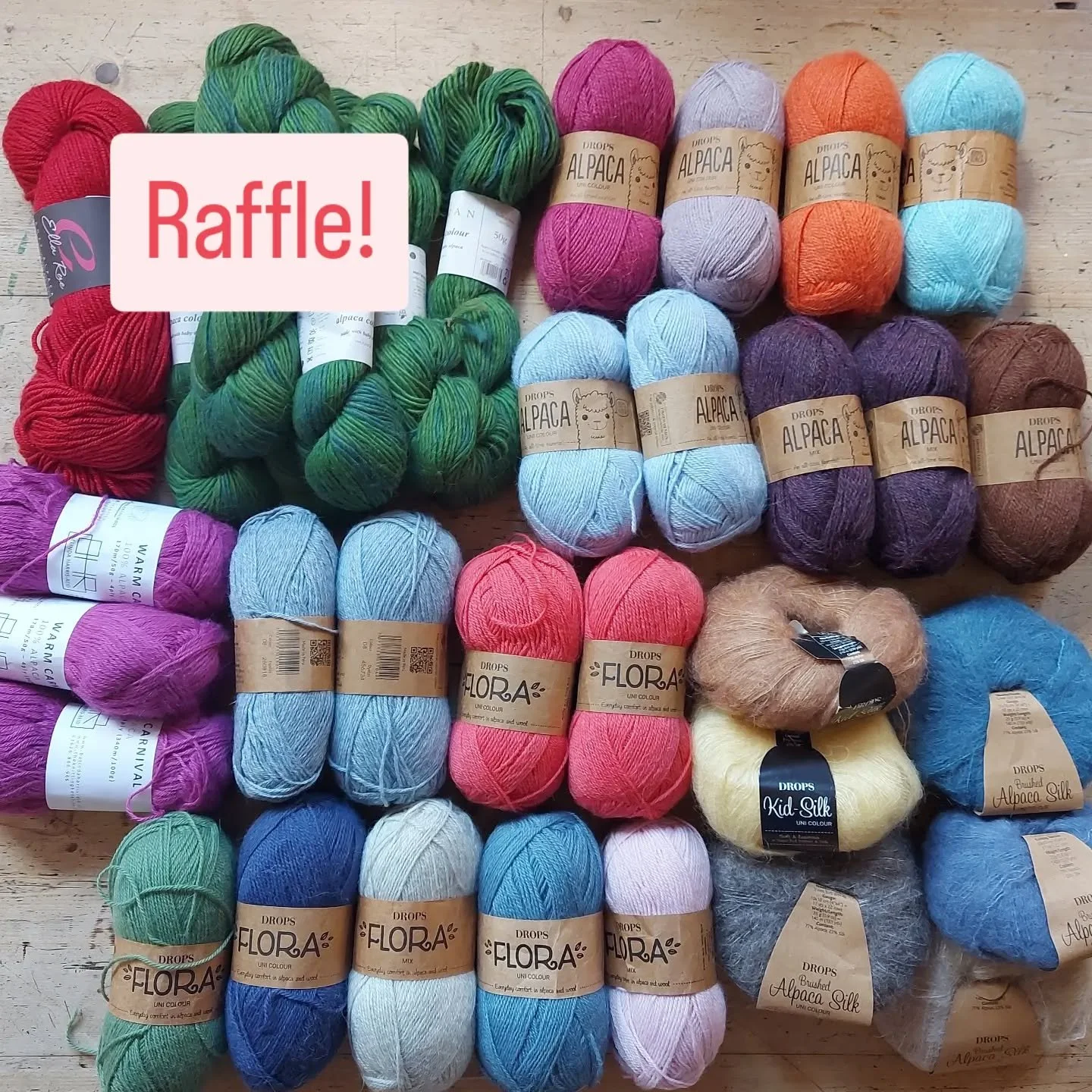 Have you seen the wonderful collection of yarn in this month's raffle?  It's a huge batch of alpaca and alpaca blends in a lovely variety of colours. Let it fire your imagination!

It's just &pound;10 to enter, and every purchase helps us to continue