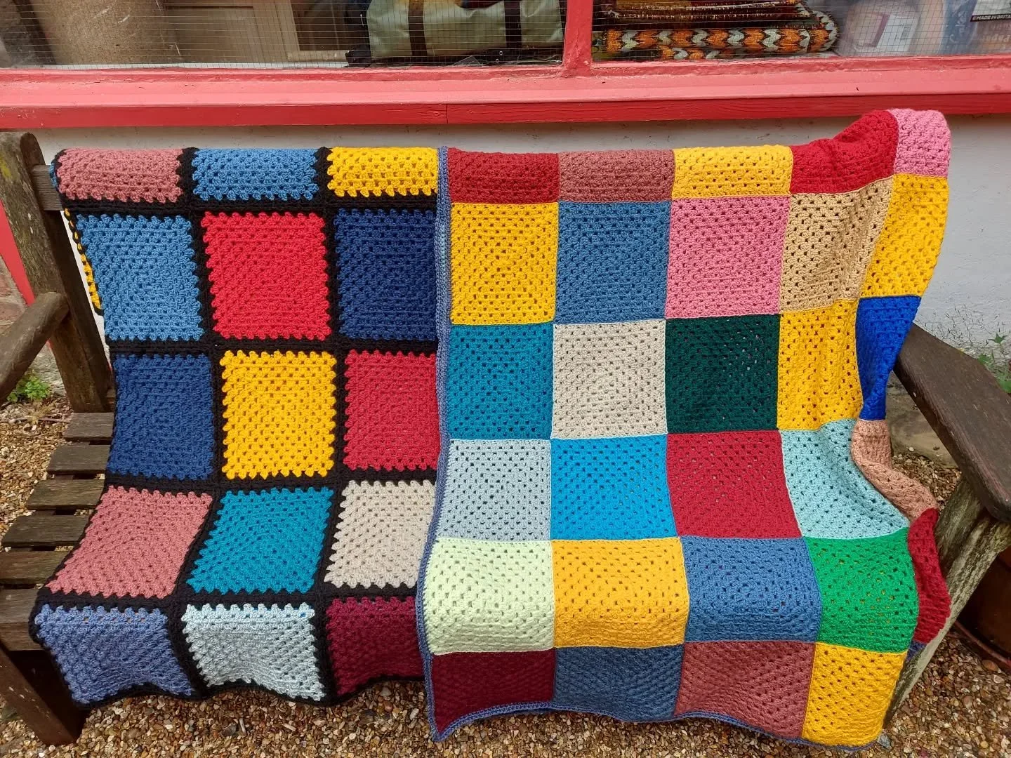 These magnificent blankets have been sent to us anonymously. We love the bold statement colours, the neatness of the crocheting and the edgings.  And another celebration of the versatility of the granny square. 

Thank you, Crocheters!  These are our