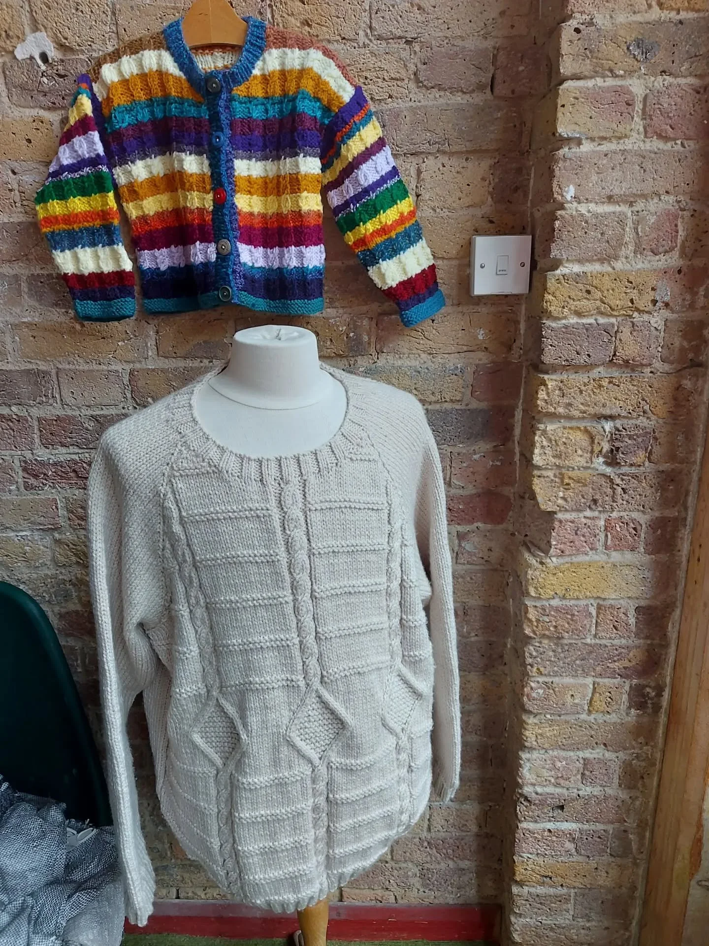 Dunston Knit and Natter group has generously sent us a big bundle of beautiful things. We especially like these sweaters.  Who can resist textured fabric and cables, adding style and interest one skilful stitch at a time?

Thank you, Dunston Knit and