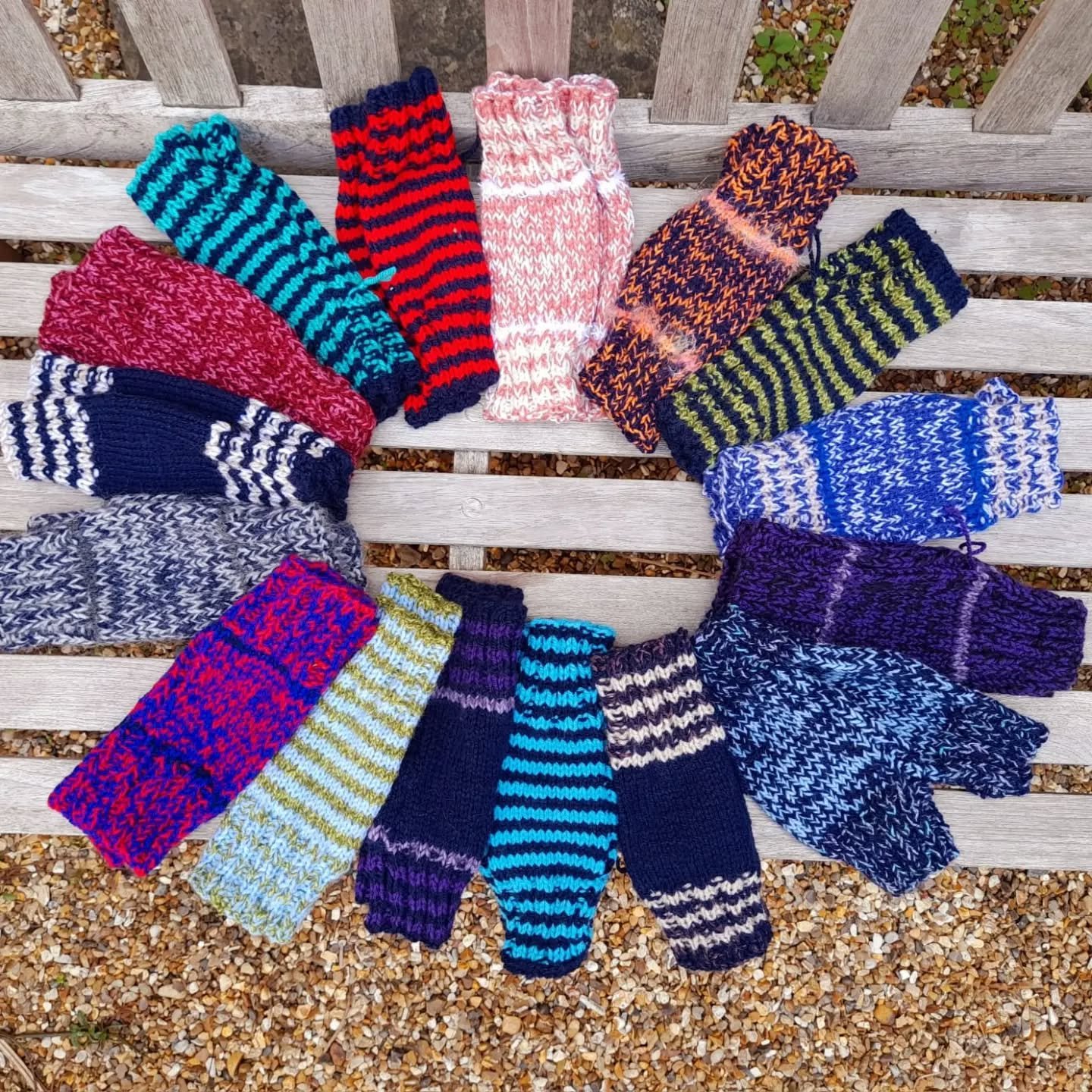 Some knitters and crocheters like to make different things every time they start a new project, others find ease and time for reflection in making a familiar pattern.

Barbara, a very generous and prolific donor, makes fingerless mittens.  We love he