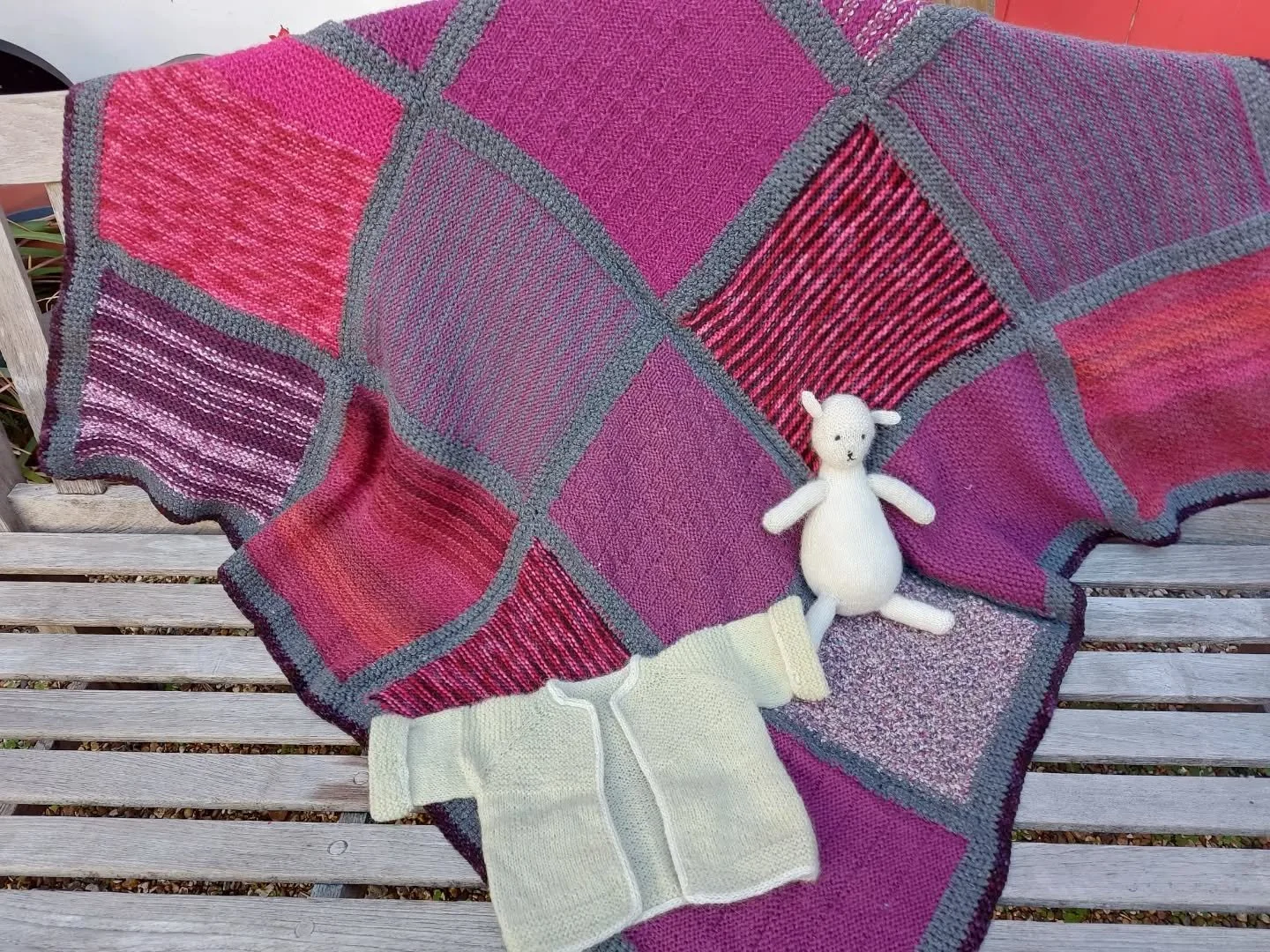 Catherine in West Linton sent us this beautiful blanket and cute cardigan and toy.  We love the colour and the variety of textures used.

Thank you, Cathetine. These are our Knit of the Day!

#knitoftheday #handknitting #charity #yarnlover #knittingf