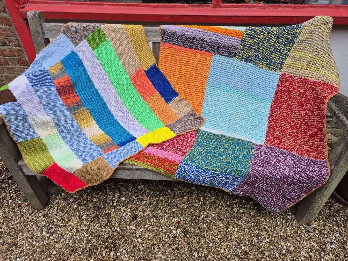 G in York sent us these colourful blankets saying that her 7 year old granddaughter had made them and wanted them put to good use.

We love hearing about young people learning to knit, and having the perseverance to complete a project.  The construct
