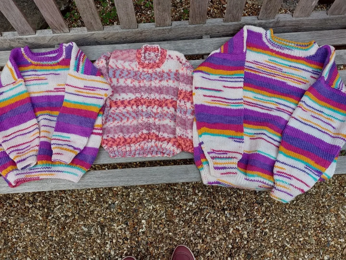 Ooh!  Look at these!  Bright colours, stripes, texture, expert knitting and a hint of my colour coordinated shoe 🤣. These brilliant jumpers have been sent us anonymously. 

Thank you, Knitters and Crocheters. These are our Knit of the Day!

#knitoft