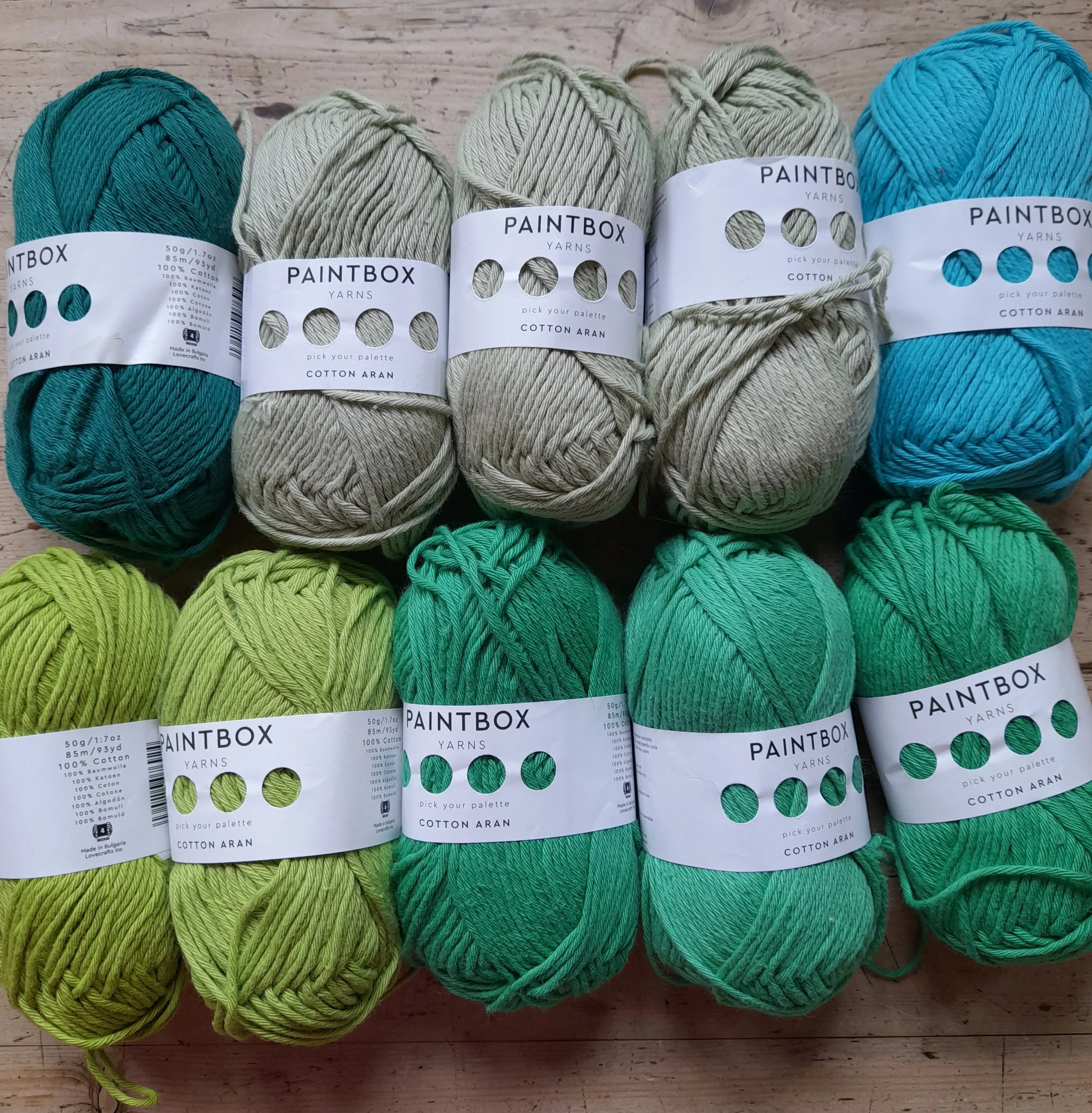 Paintbox Cotton Aran mixed batch in shades of green 500g