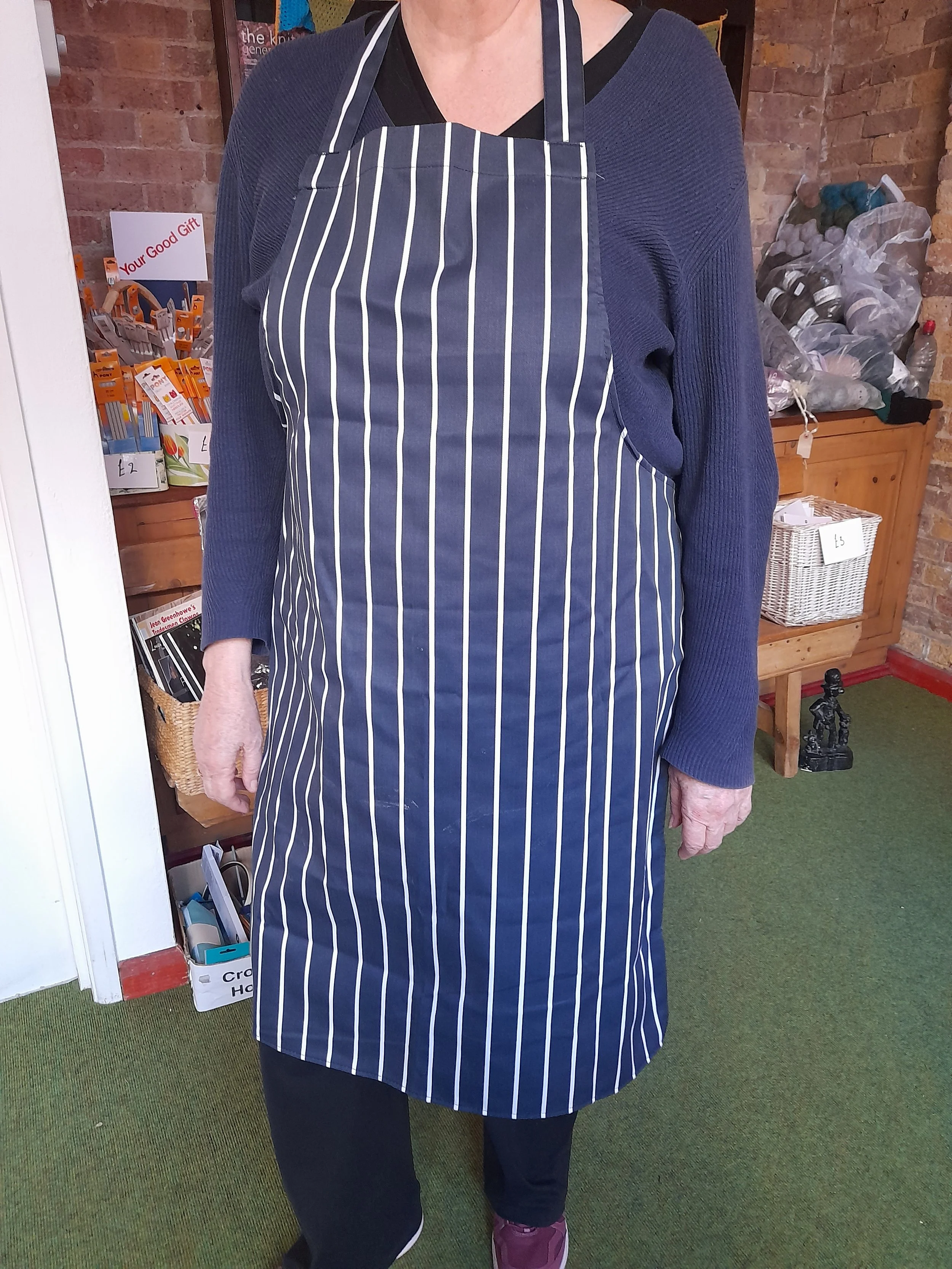 Butchers Apron dark blue and white stripe polyester cotton blend