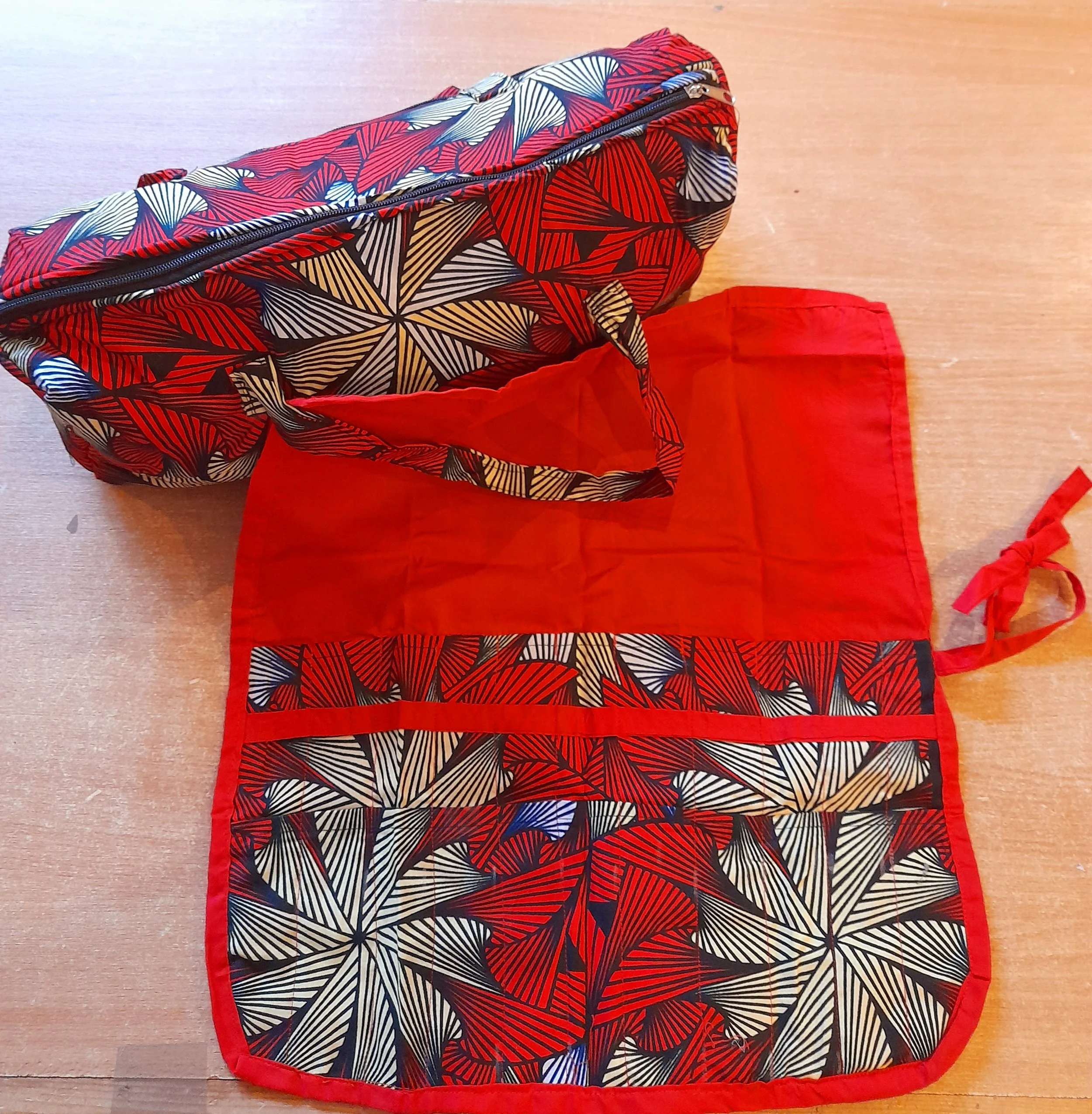 Handmade cotton Craft, Tote or Shopping Bag and Knitting Needle Roll red